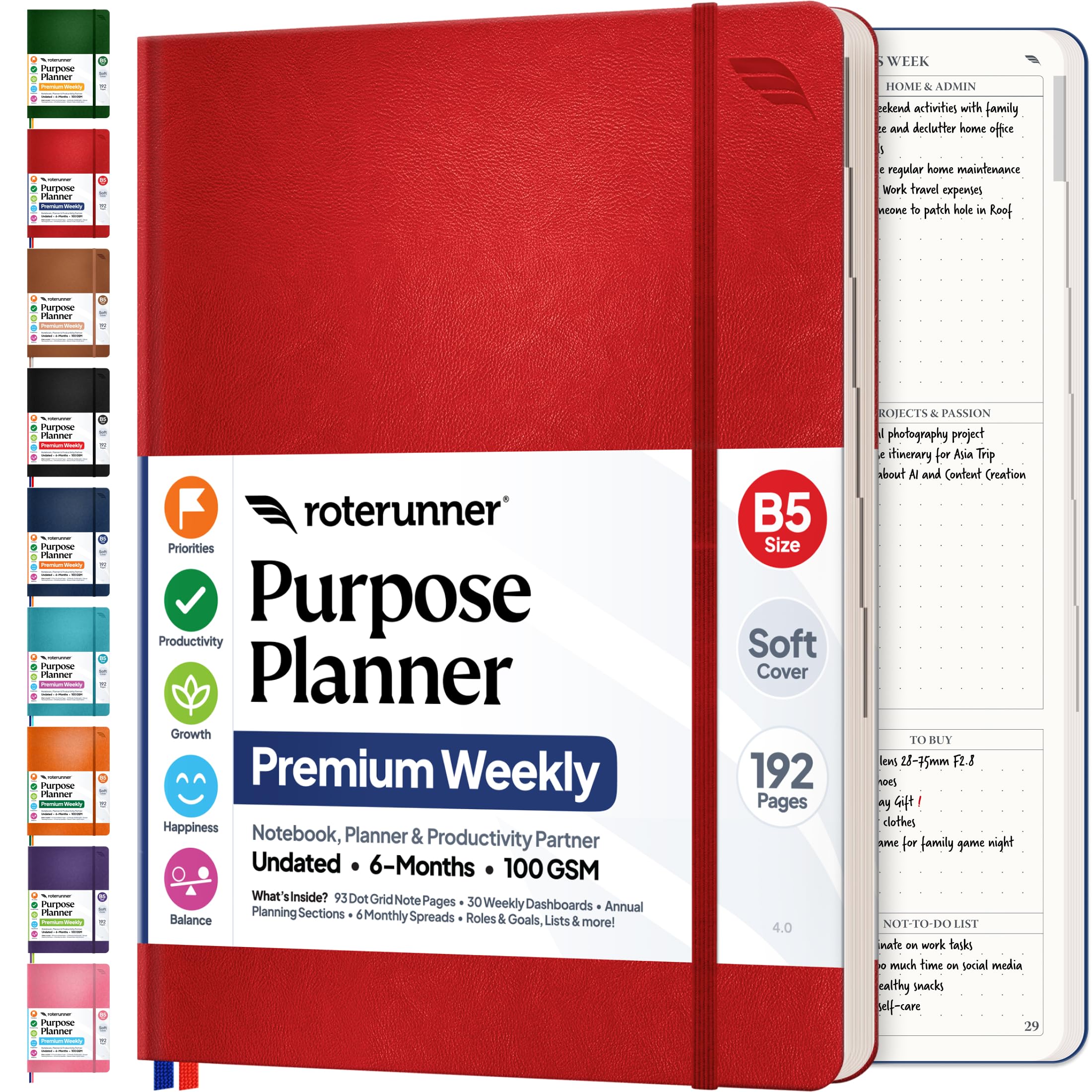 Purpose Planner B5 Undated Monthly Weekly Daily Productivity Journal 2024 Life Health Goal Setting Business Tool for Professionals Moms Academic Student Organizer Notebook (7.5”x9.8” Red Softcover)
