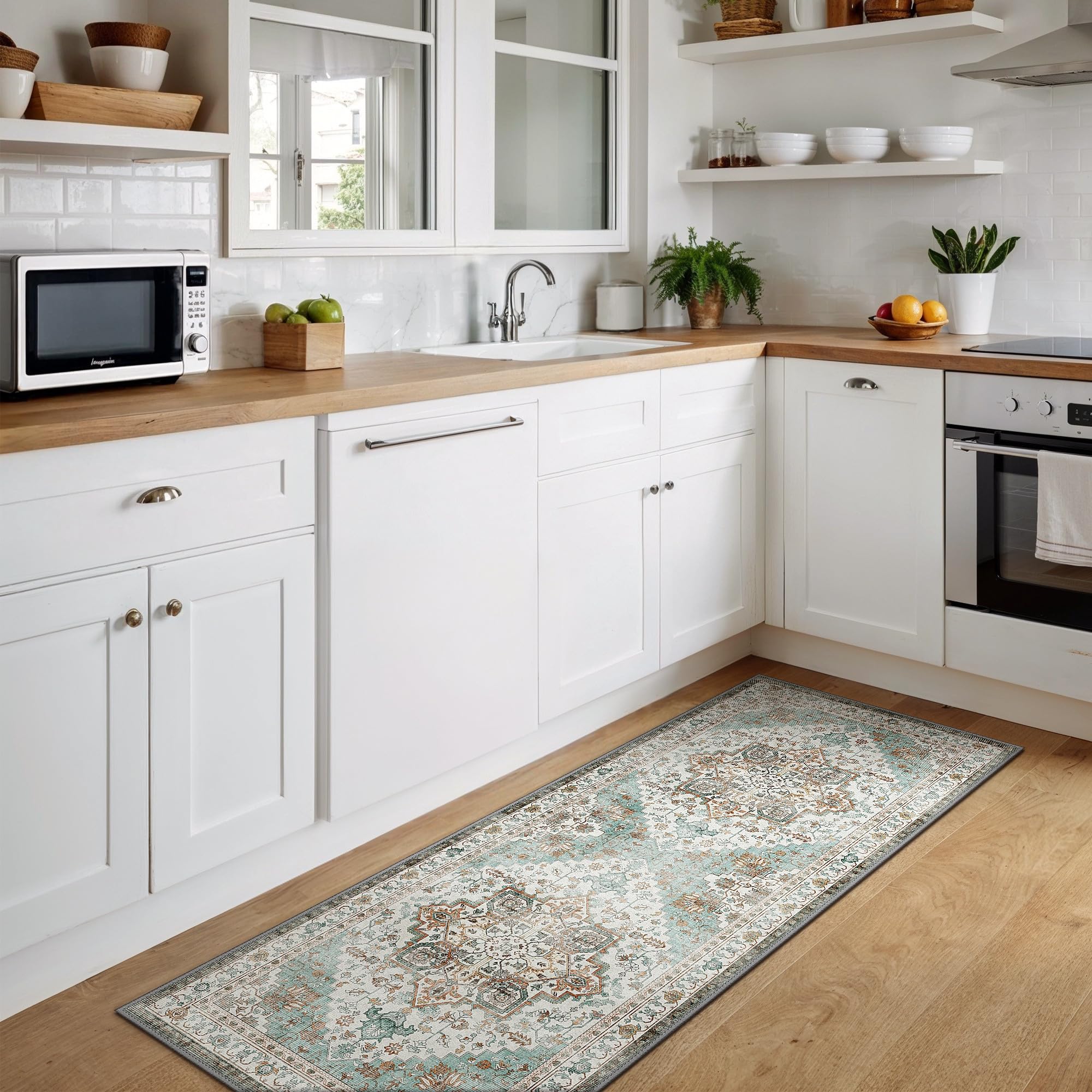 BEIMO Tappeto Salotto Pelo Corto Vintage, Tappeto Camera Da Letto, Tappeti Estivo Salotto Antiscivolo Lavabile, Tappeti Persiano per Corridoio, Soggiorno, Sala, Azzurro, 80x200cm