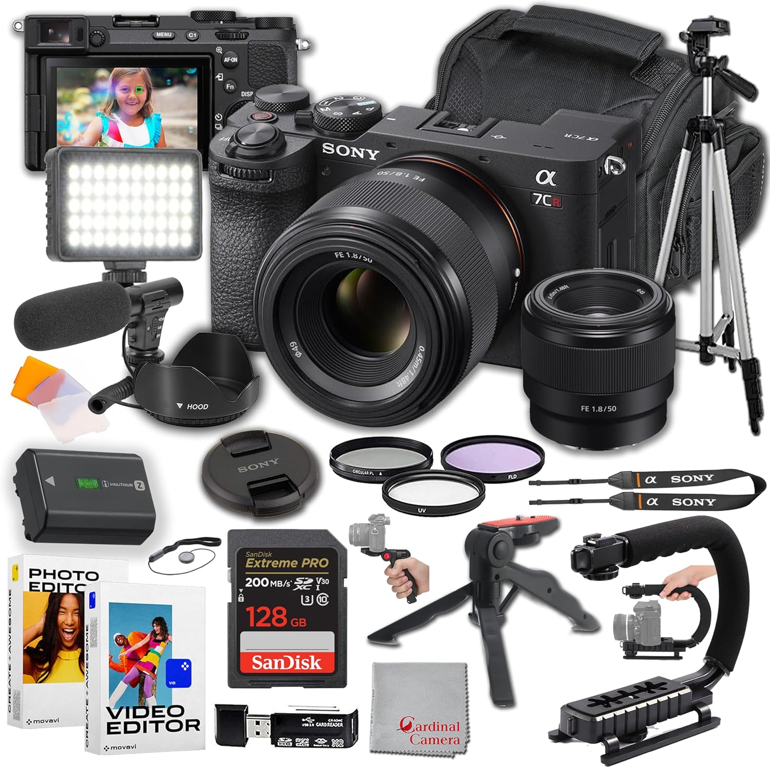 Sony a7CR Mirrorless Camera with Sony FE 50mm f/1.8 Lens | 61mp | 128GB Extreme Memory, Microphone, LED Video Light, Editing Software, U-Grip, and Tripod Bundle