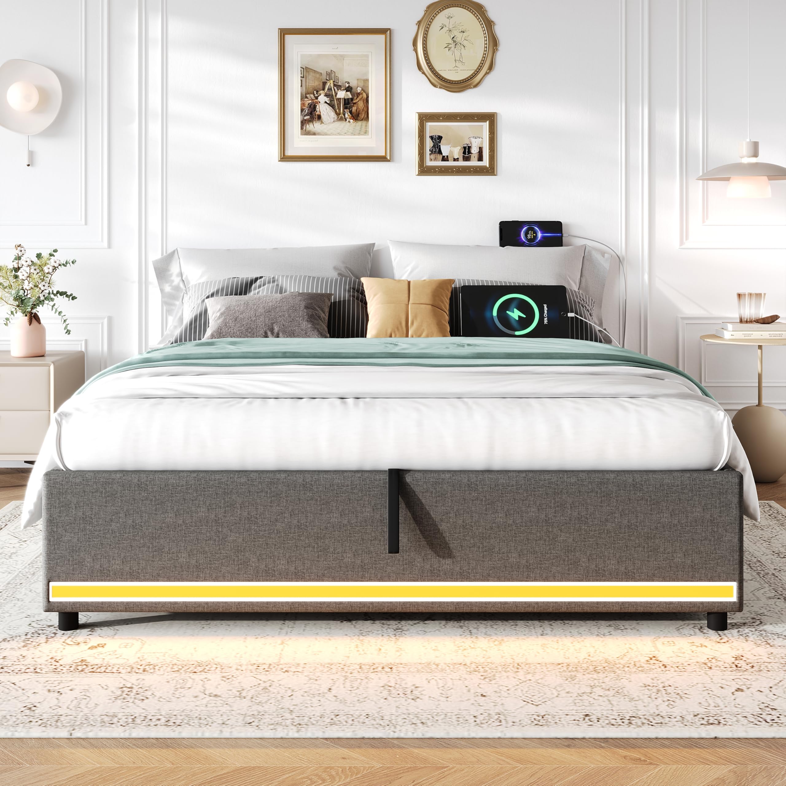 Ball & Cast 4ft6 Double Hydraulic Storage Bed, No Headboard Linen Bed Frame with APP Control LED Lights, Side Charging Station, Side Pockets, Grey (No Mattress)