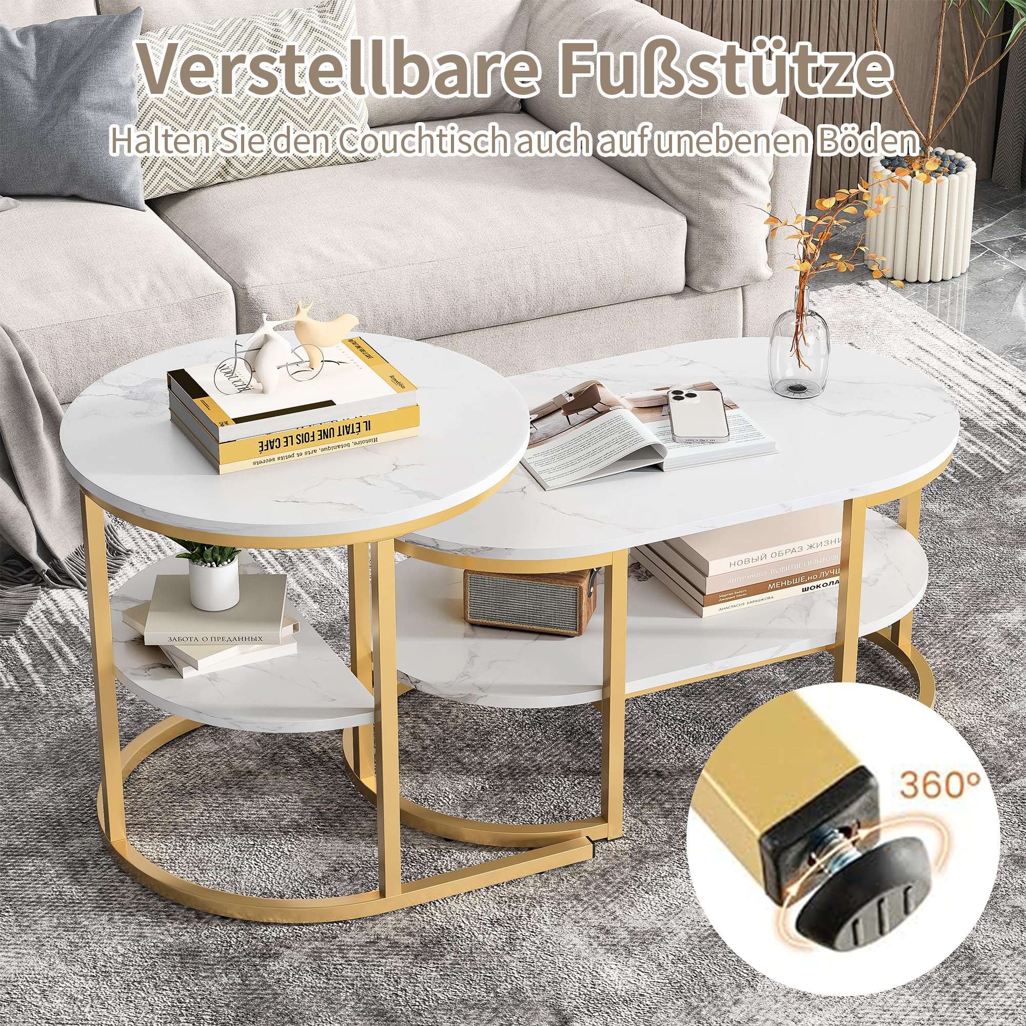 Juego de 2 mesas de café con aspecto de mármol, mesa auxiliar moderna con estructura de metal dorado, mesa auxiliar ovalada y redonda con 2 estantes para salón, mesa de café que ahorra espacio