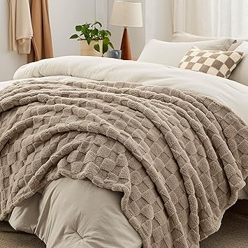 Bedsure Comforter Full Size 5 Pieces - Full Size Comforter Set with Checkered Throw Blanket and Decorative Pillow, Lightweiget Bedding, All Season Bedding Sets, Linen Beige