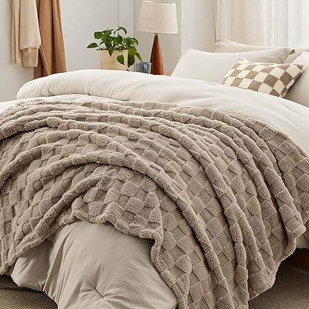 Bedsure Comforter Full Size 5 Pieces - Full Size Comforter Set with Checkered Throw Blanket and Decorative Pillow, Lightweiget Bedding, All Season Bedding Sets, Linen Beige