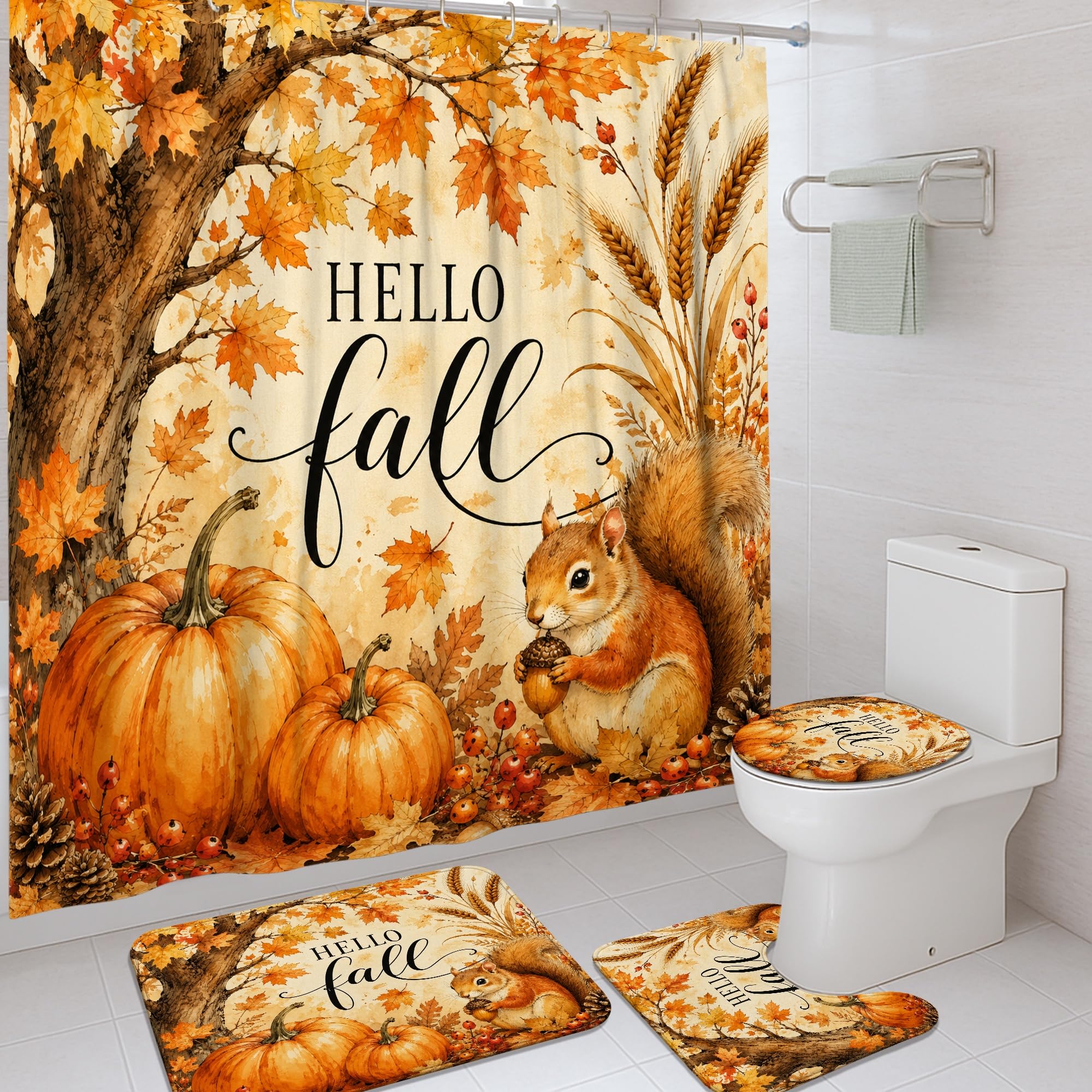 Rideau de douche anti-moisissure en tissu imperméable orange automne motif écureuil 183 cm