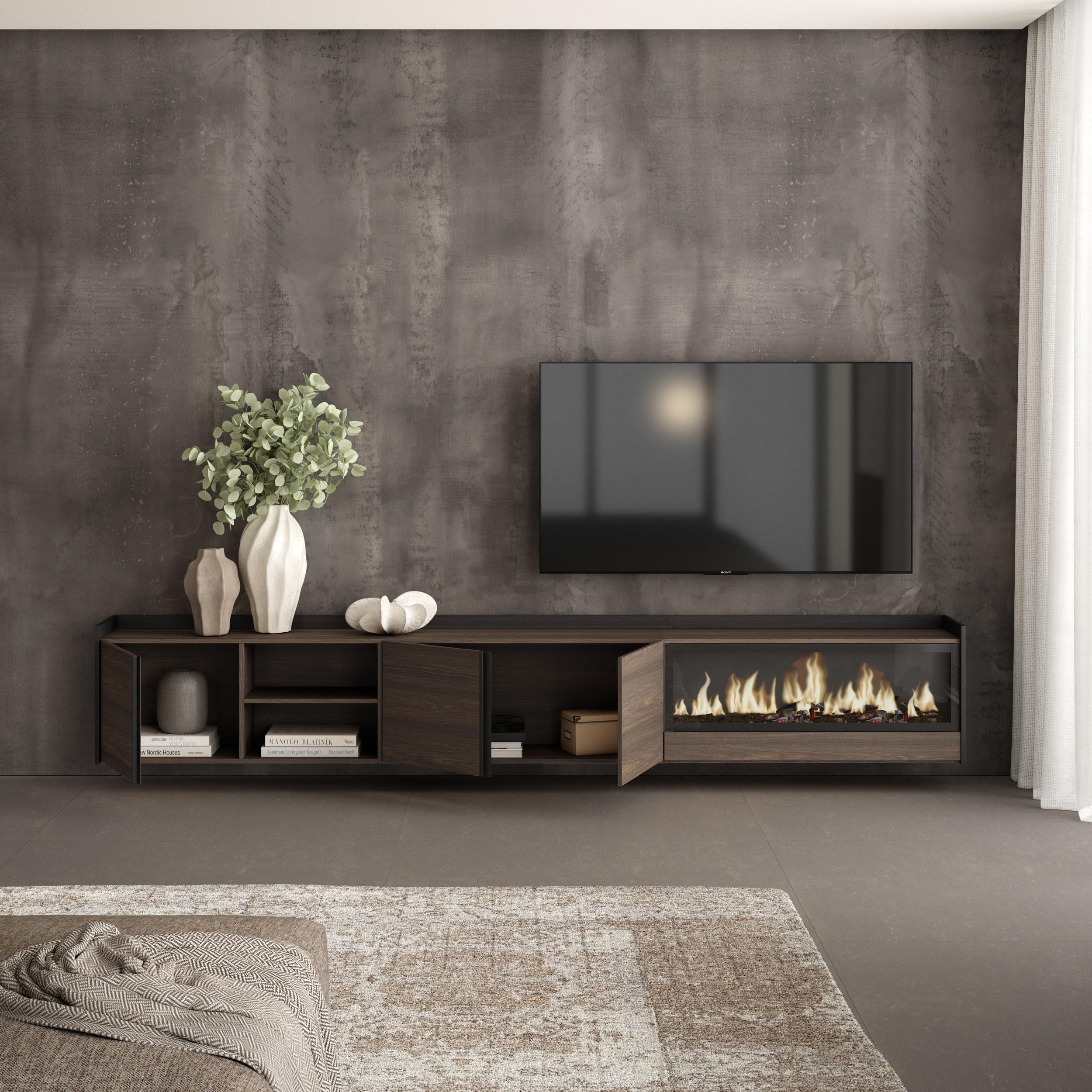 Skraut Home | Mueble TV | Muebles de salón, almacenaje | 315x50x35 cm | para televisión hasta 80" | Chimenea eléctrica XXL | Colgado, Suspendido | Estilo Moderno | Roble Oscuro y Negro