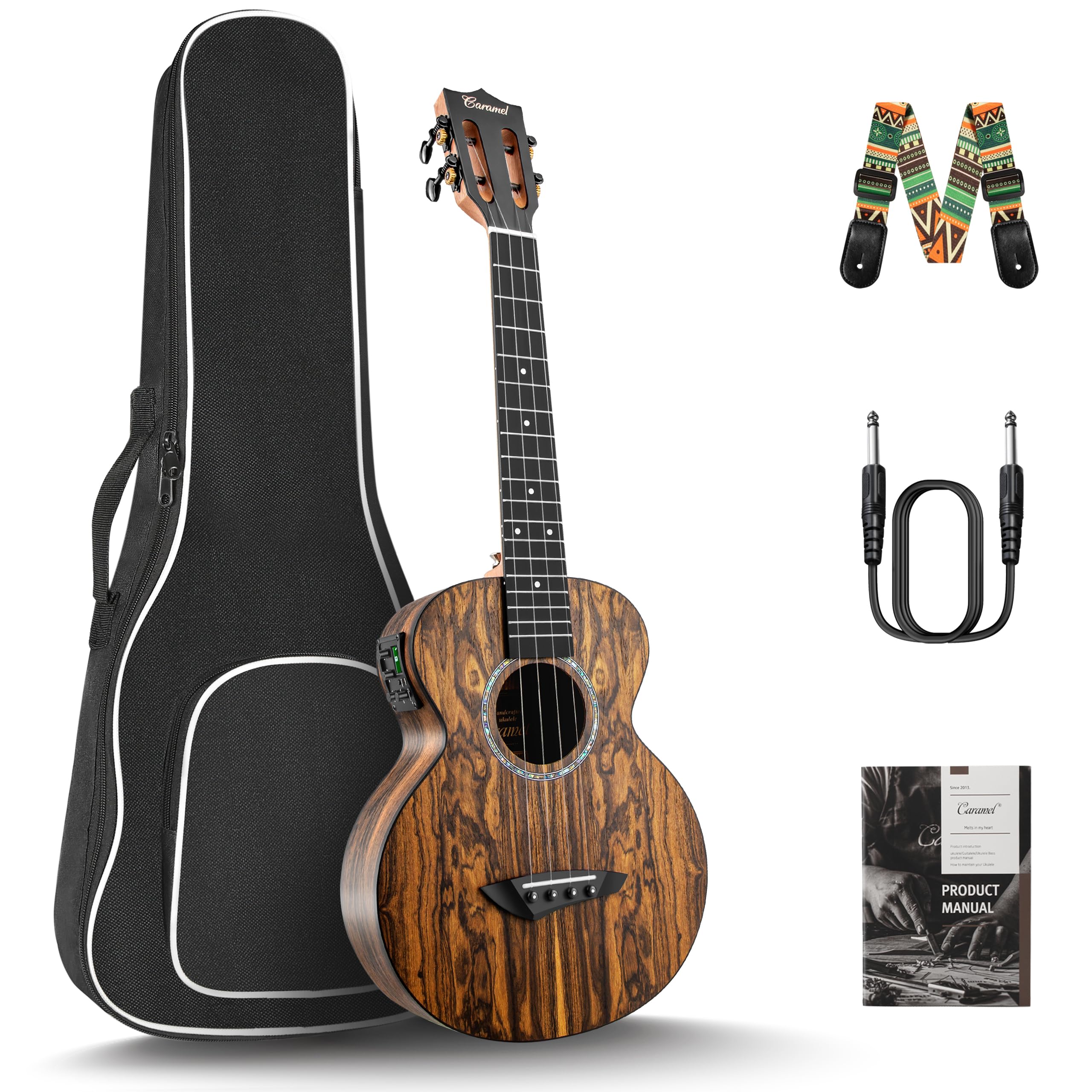 Caramel 26 inch CT905 All Butterfly Bocote Wood Tenor Electric Ukulele Professional Ukelele Kit Beginner Guitar Starter Bundle Strings, Padded Gig Bag, Strap