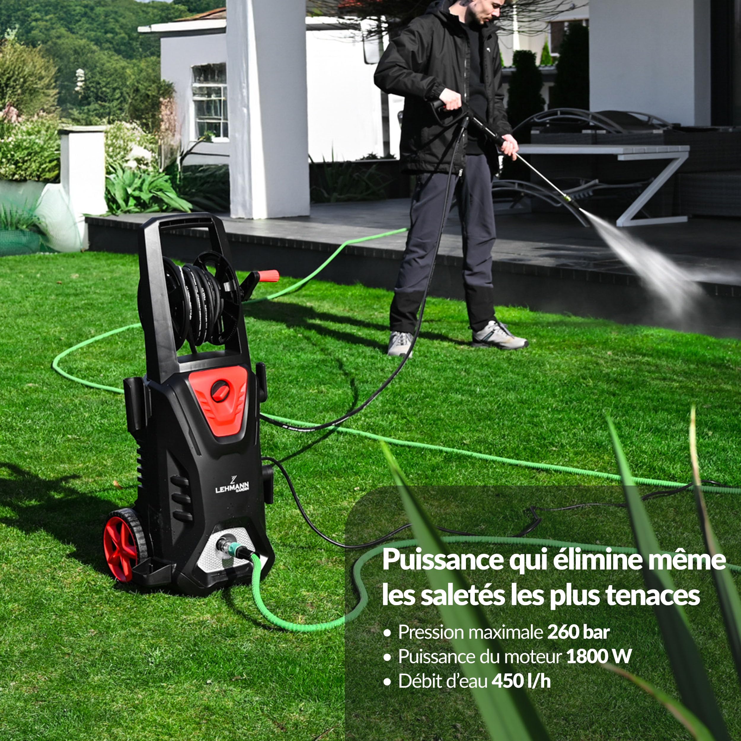 Lehmann Colorado Nettoyeur Haute Pression avec Moteur à Induction, 3000 W, Max. 260 Bar, Débit 492 l/h, Rayon d'action 17 m, Accessoires : Canon à Mousse, 4 Buses, Buse Turbo, Noir/Rouge