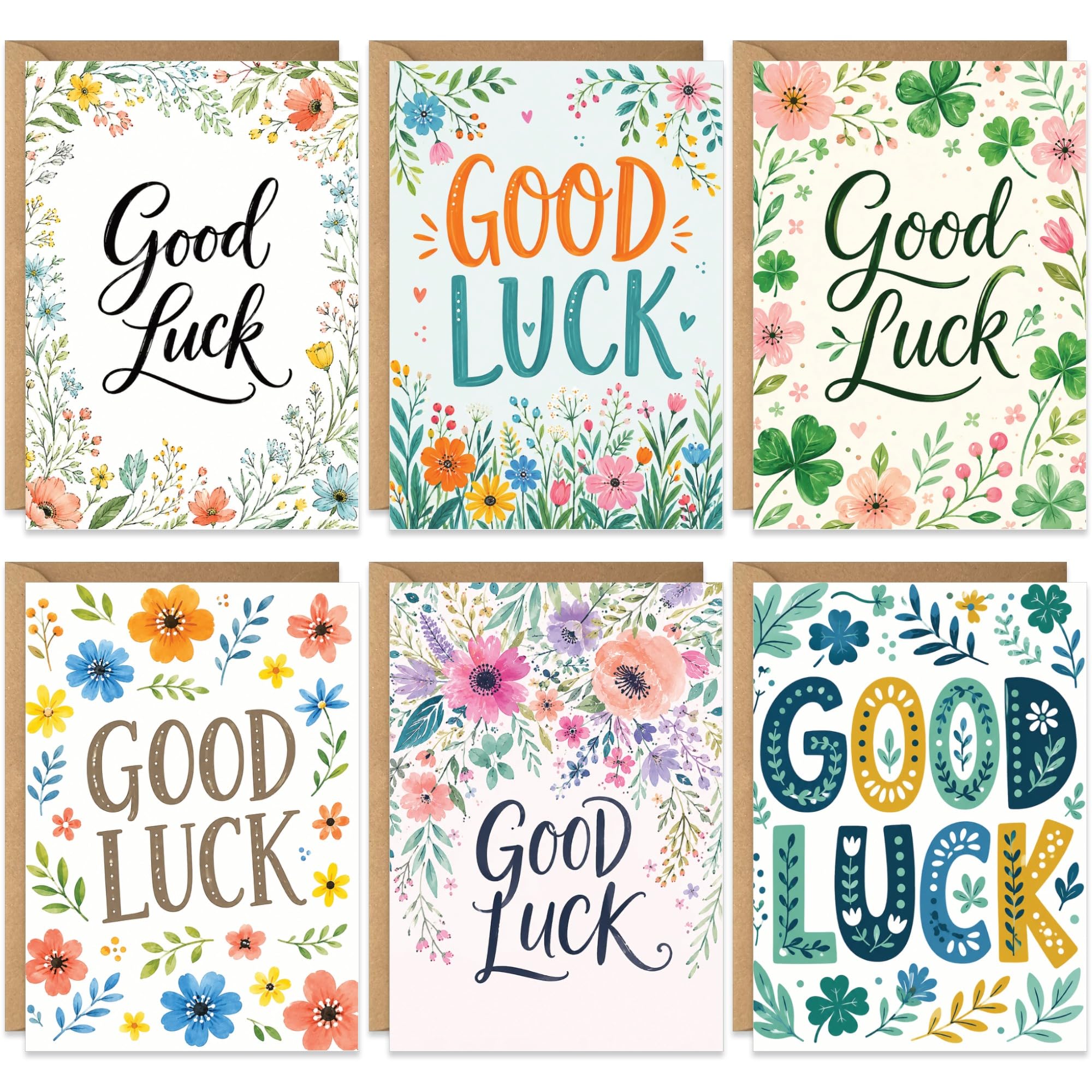 Floral Good Luck Cards with Envelopes for Her - Set of 10 Encouragement Notecards Pack with Envelopes for Children Adults Daughter Granddaughter - Bulk Set for Exams Graduation New Job