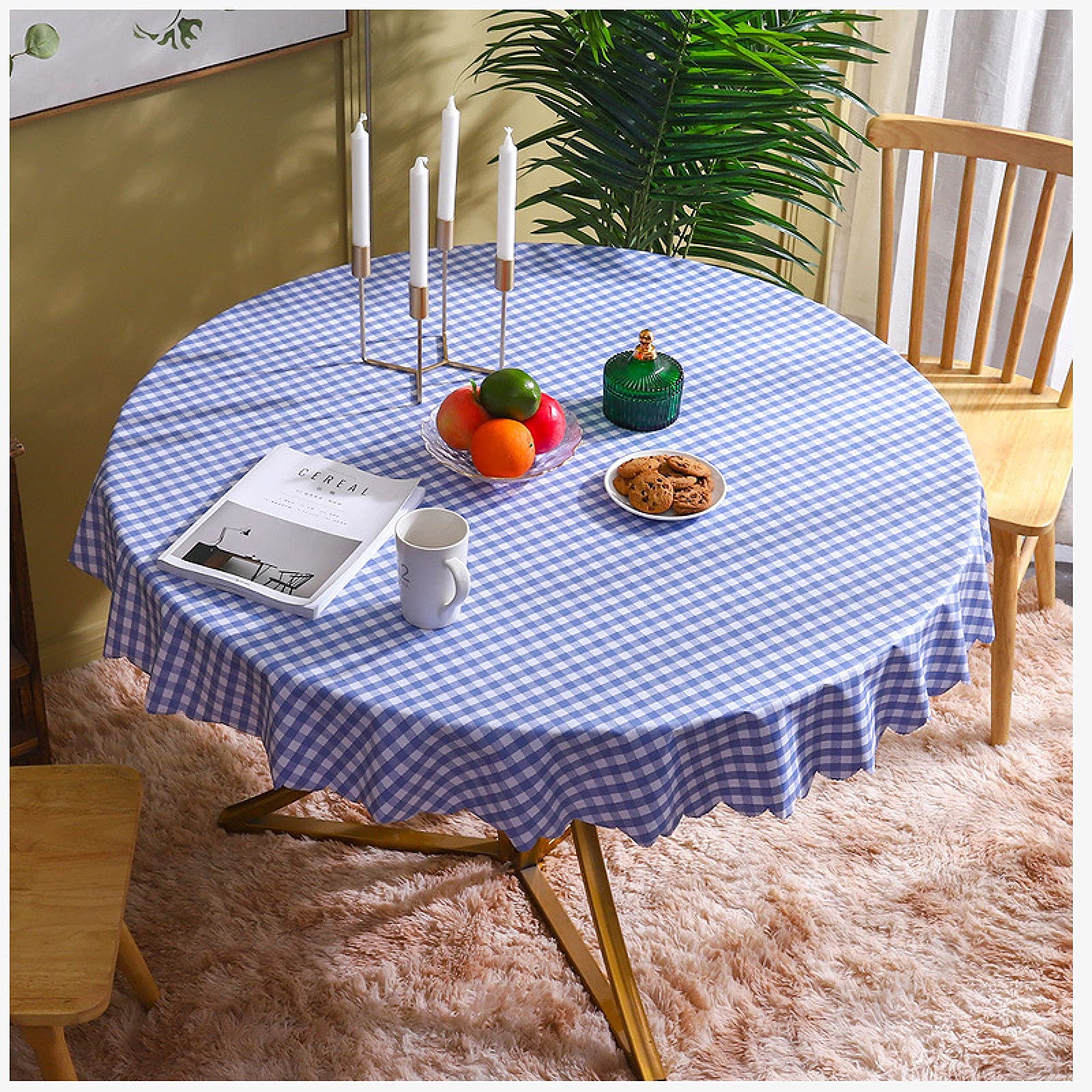 Toile cirée ronde motif de grille bleue pour vos repas de Noël et fêtes de jardin
