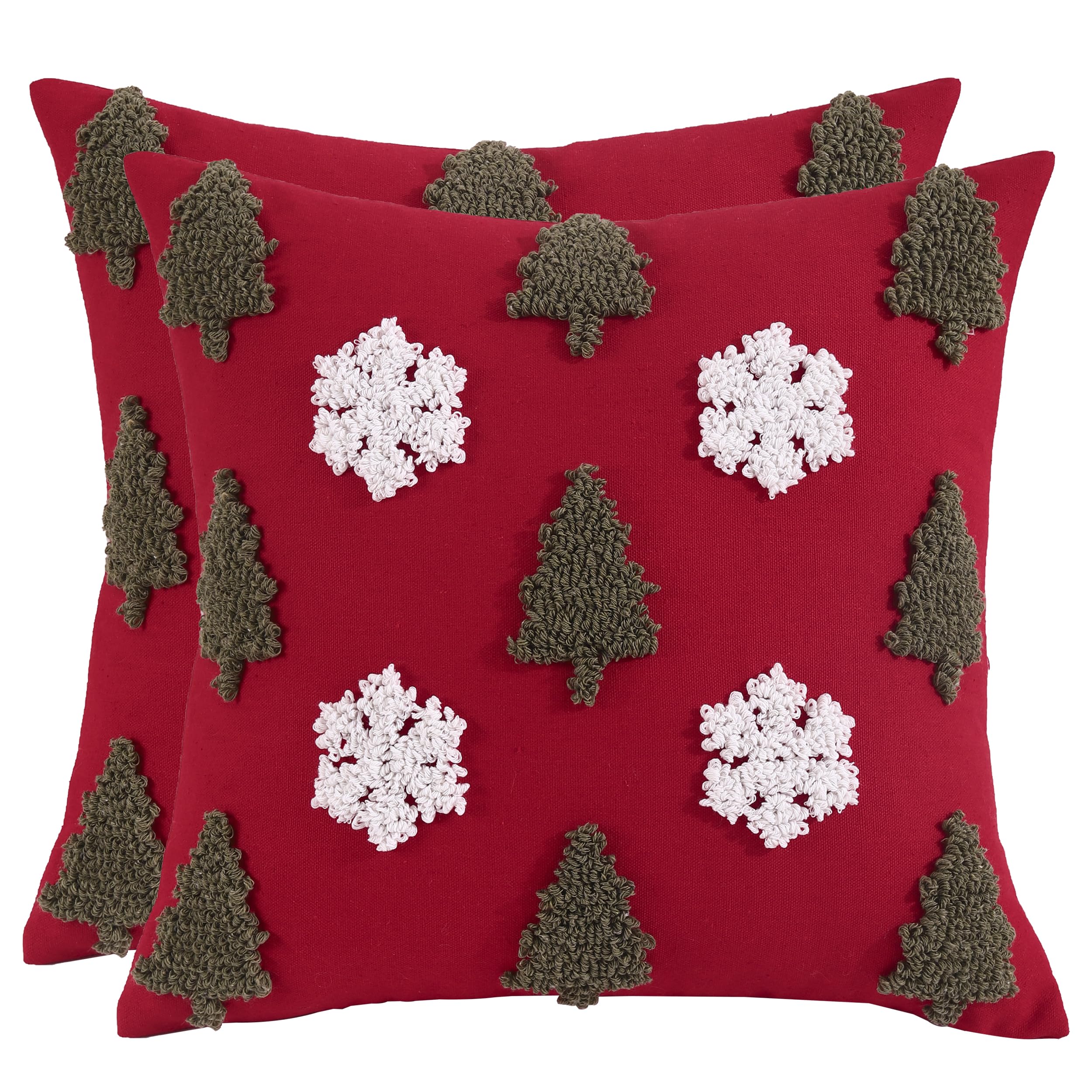 Tosleo Set of 2 Christmas Cushion Cover Cotton Linen Christmas Tree and Snowflake Tufted Deco 18 x 18 inch Pillowcase Merry Xmas Winter Decorative for Sofa Bed Chair Living Room Home Xmas Decor