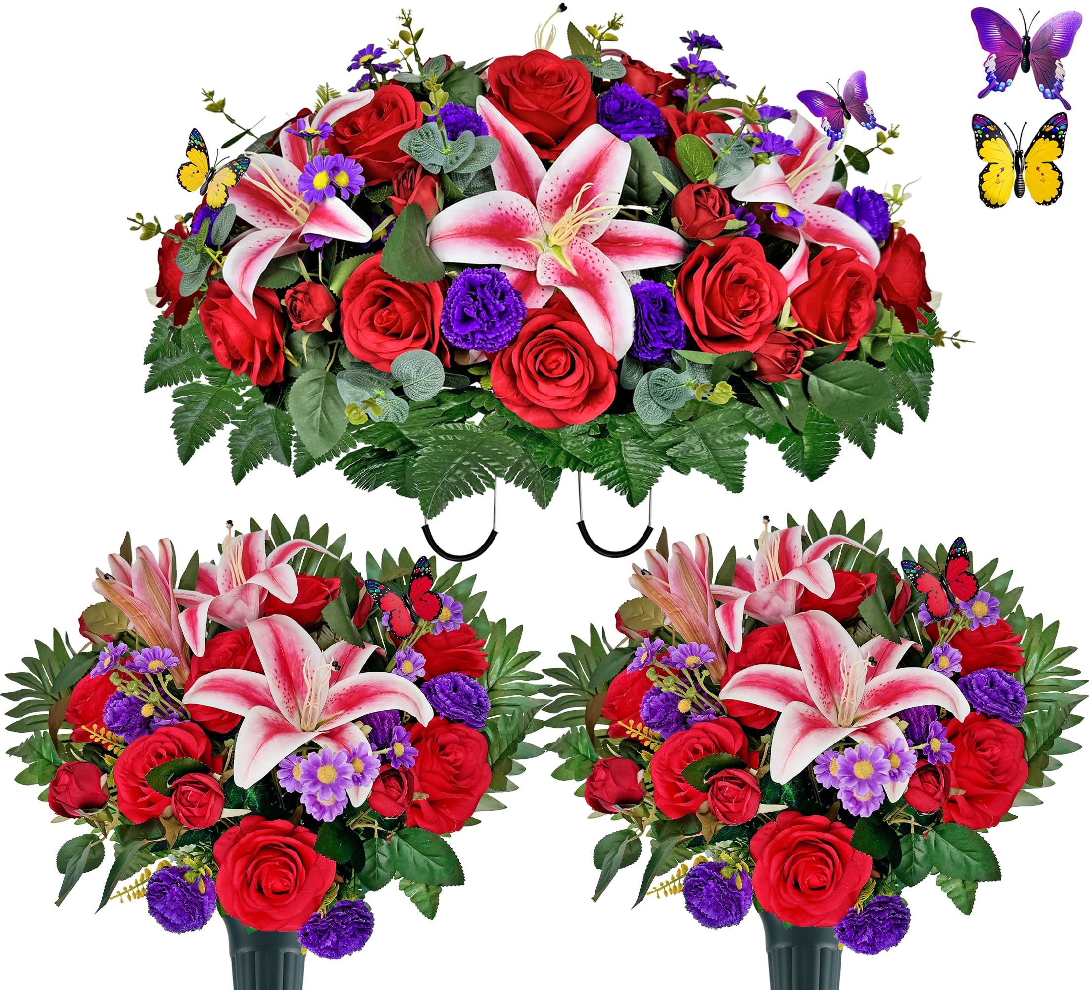 Photo 1 of Saxili Artificial Cemetery Flower with Vases for Grave, 3PC,Red Rose Headstone Flower Saddle (Vases Included)