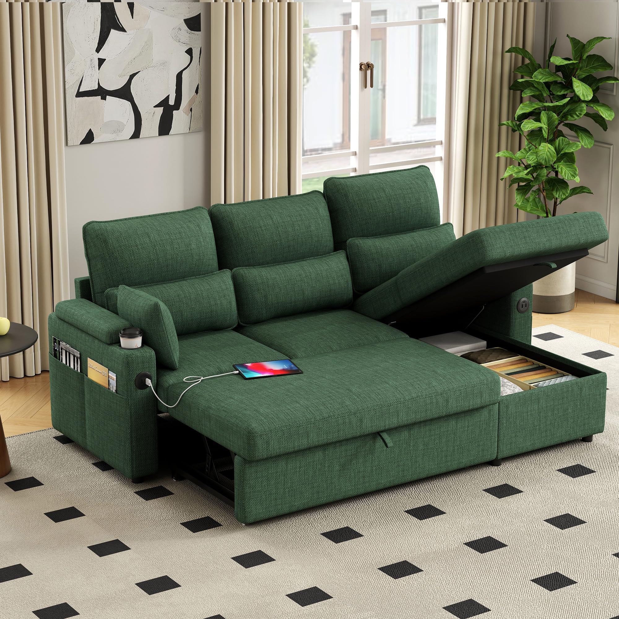 Jantaypor 81" L-Shaped Sectional Sofa Couch, Pull-Out Sleeper Sofa Bed with Storage Chaise, Double Cup Holders, Dual USB Charging Ports, Couches for