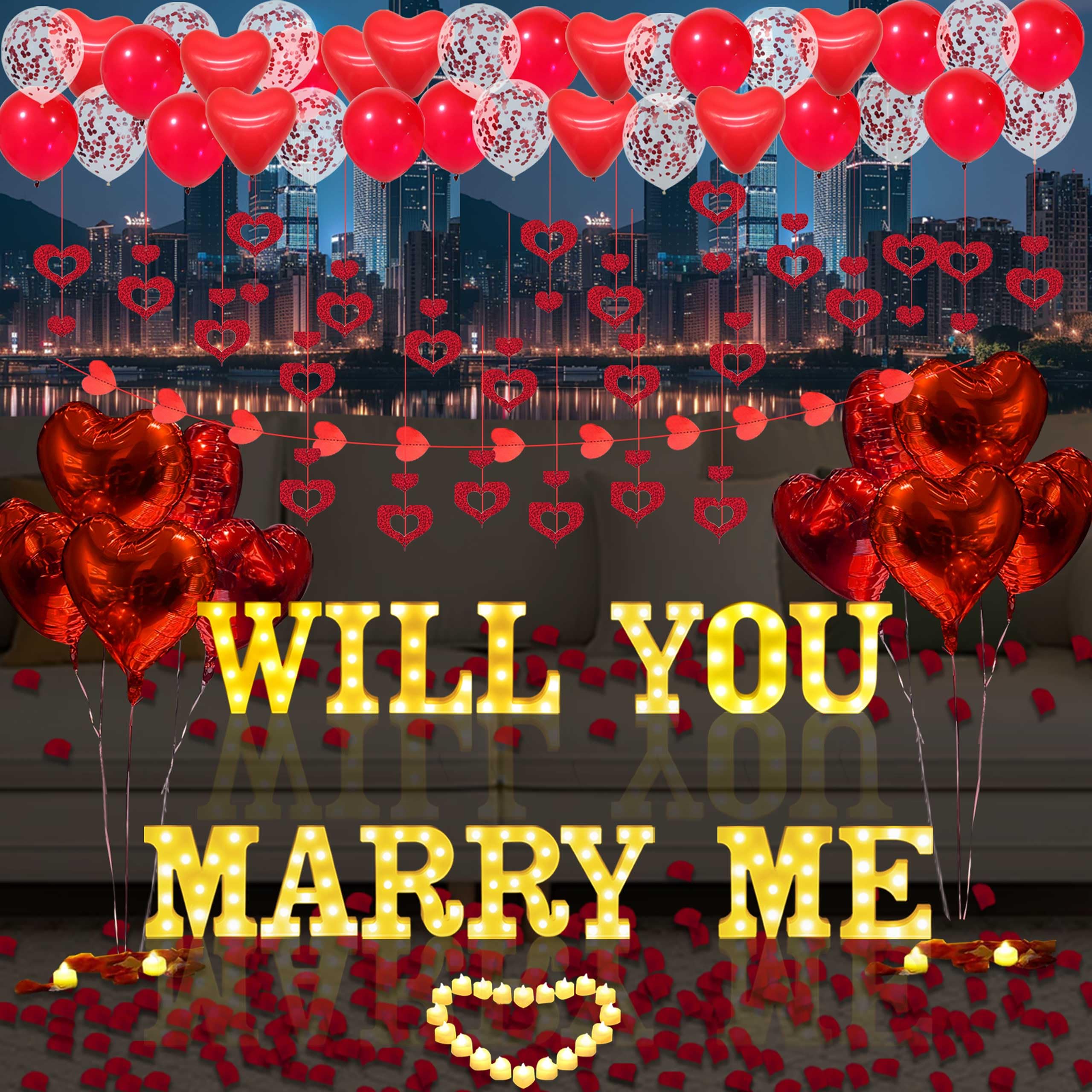 Will You Marry Me Light Up Letters Proposal Decorations, 14Pcs 6.3" Sign with 24Pcs Flameless Heart Candles 2000Pcs Red Artificial Rose Petals 45Pcs