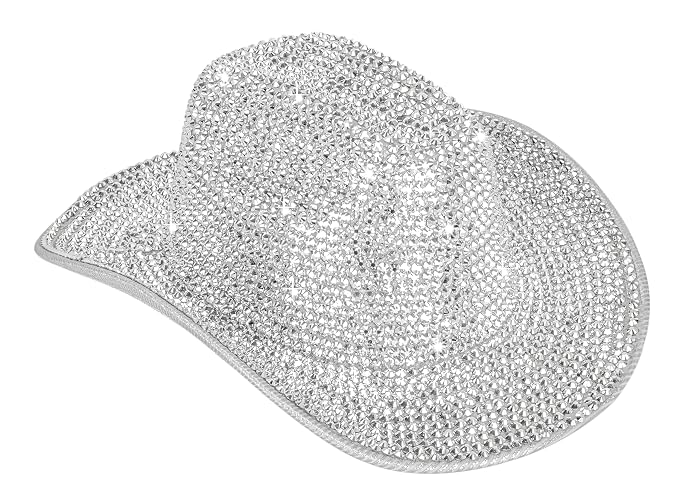 INOGIH Women Fringe-Rhinestone Western-Cowgirl-Hat Tassel-Decor Cowboy-Fedora-Hat for Party Music Festival（M - Silver - Medium