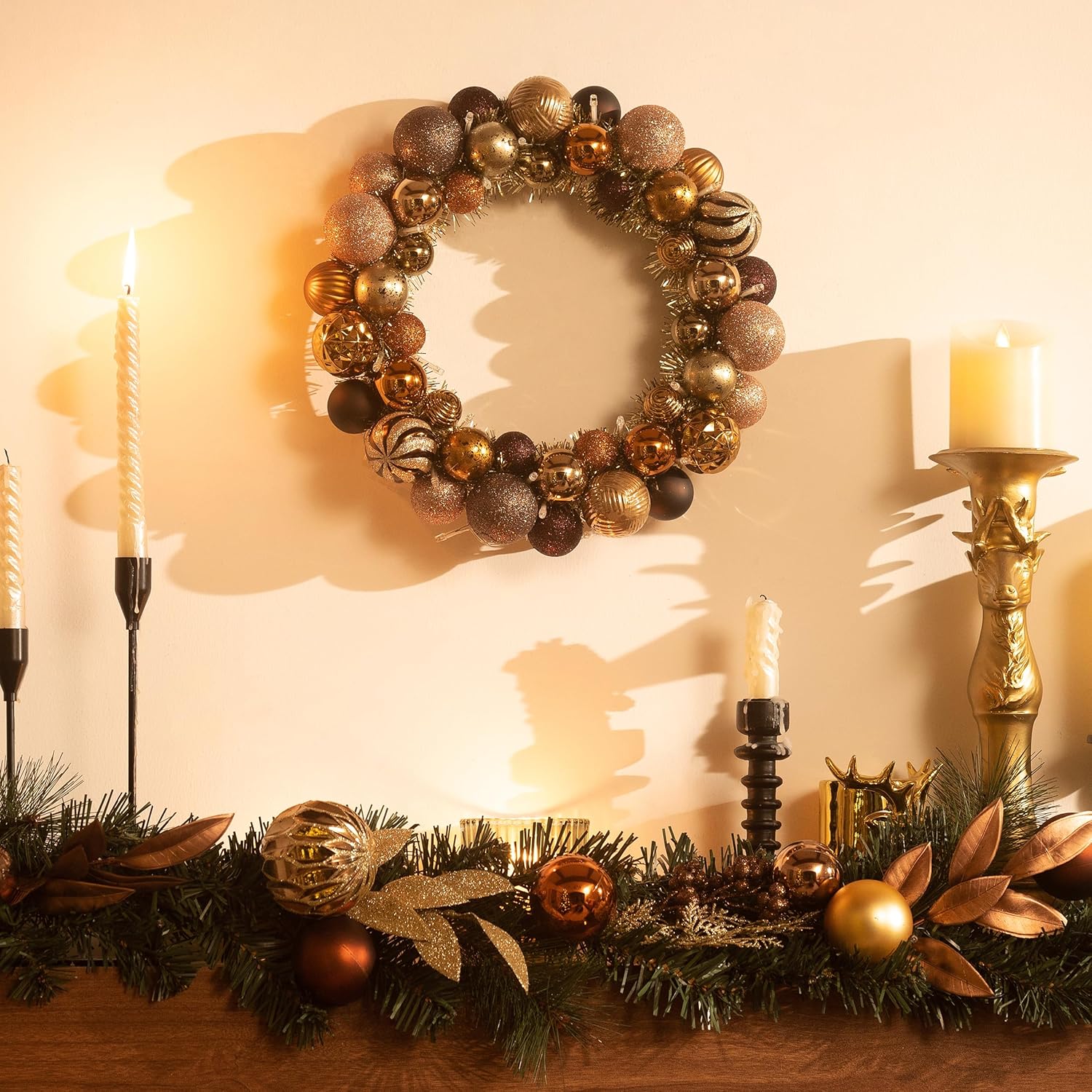 valery madelyn pre-lit christmas ball wreath for front door with lights, 13'' lighted christmas wreath with copper gold xmas ball for fireplace window outdoor table centerpiece holiday home decoration copper/gold