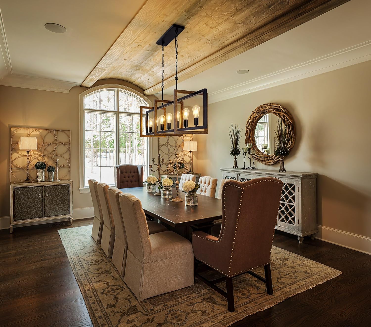 Wellmet Black Kitchen Island Chandelier, Farmhouse Modern Pendant Light Dining Room, 7-Light Wooden Paint Pendant Light for Living Room, Dining Table, Kitchen, Hallway, Restuarant