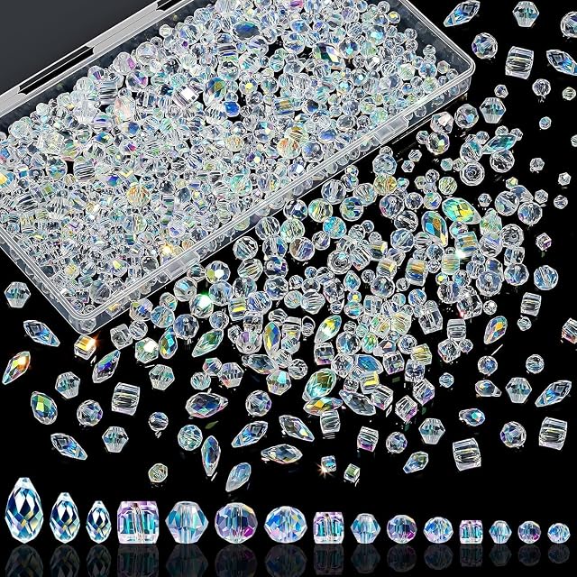 800 Pcs perles de cristal en vrac, verre clair, AB Couleur facettée, circulaire, Rhombus, carré, formes de gouttelettes d'eau, 4-13mm Tailles, Transparents, Perles molles pour la fabrication de bijoux, DIY Artisans et artisans