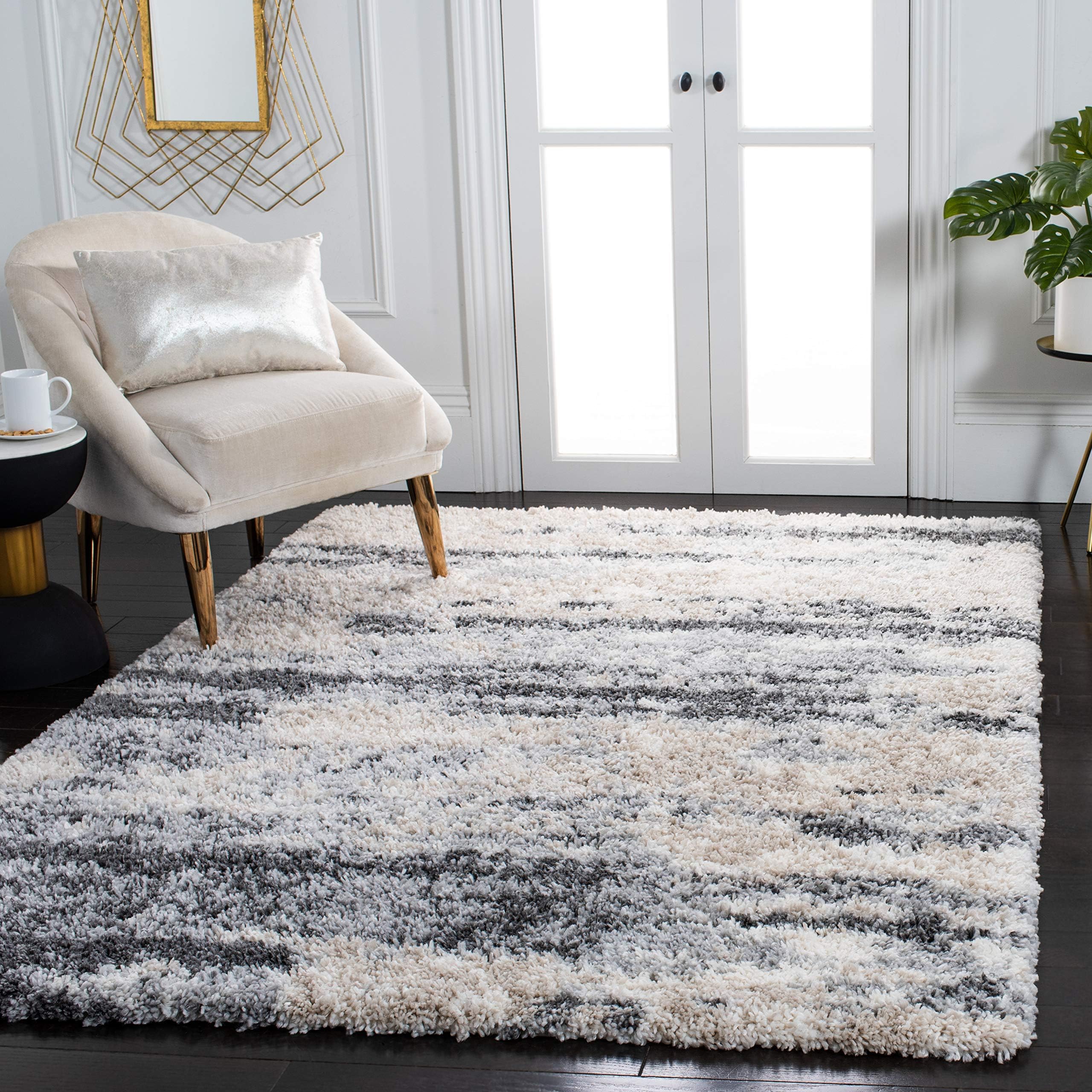 Fontana Shag Collection Area Rug - 6'7" x 9', Grey & Ivory, Non-Shedding & Easy to Clean, Plush Thick Pile, Ideal for Living Room, Bedroom, Dining Space (FNT853G)