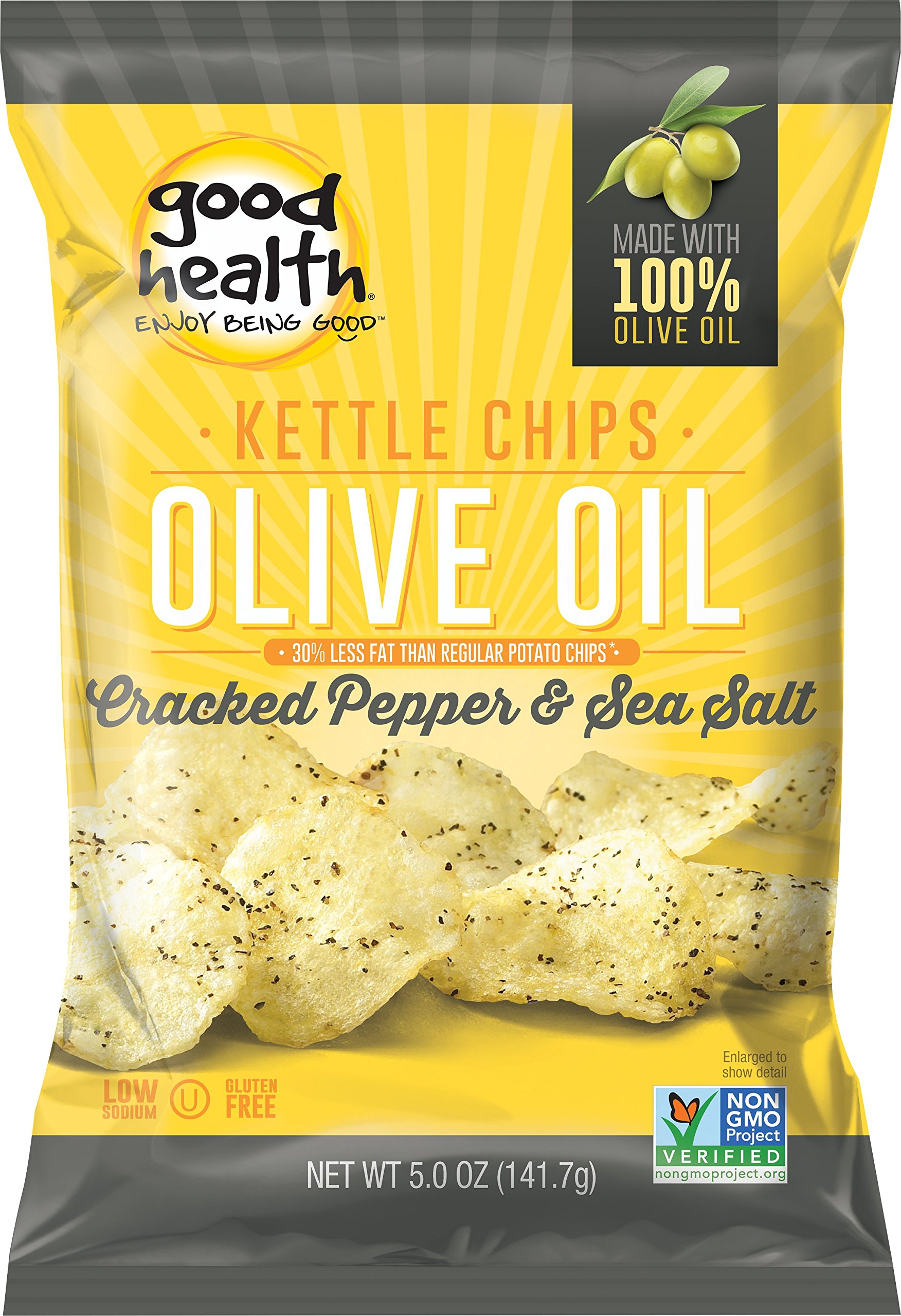 Good Health Kettle Style Potato Chips, Olive Oil, Cracked Pepper & Sea Salt, 5 oz. Bag, 12 Pack – Gluten Free, Crunchy Chips Cooked in 100% Olive Oil, Great for Lunches or Snacking on the Go