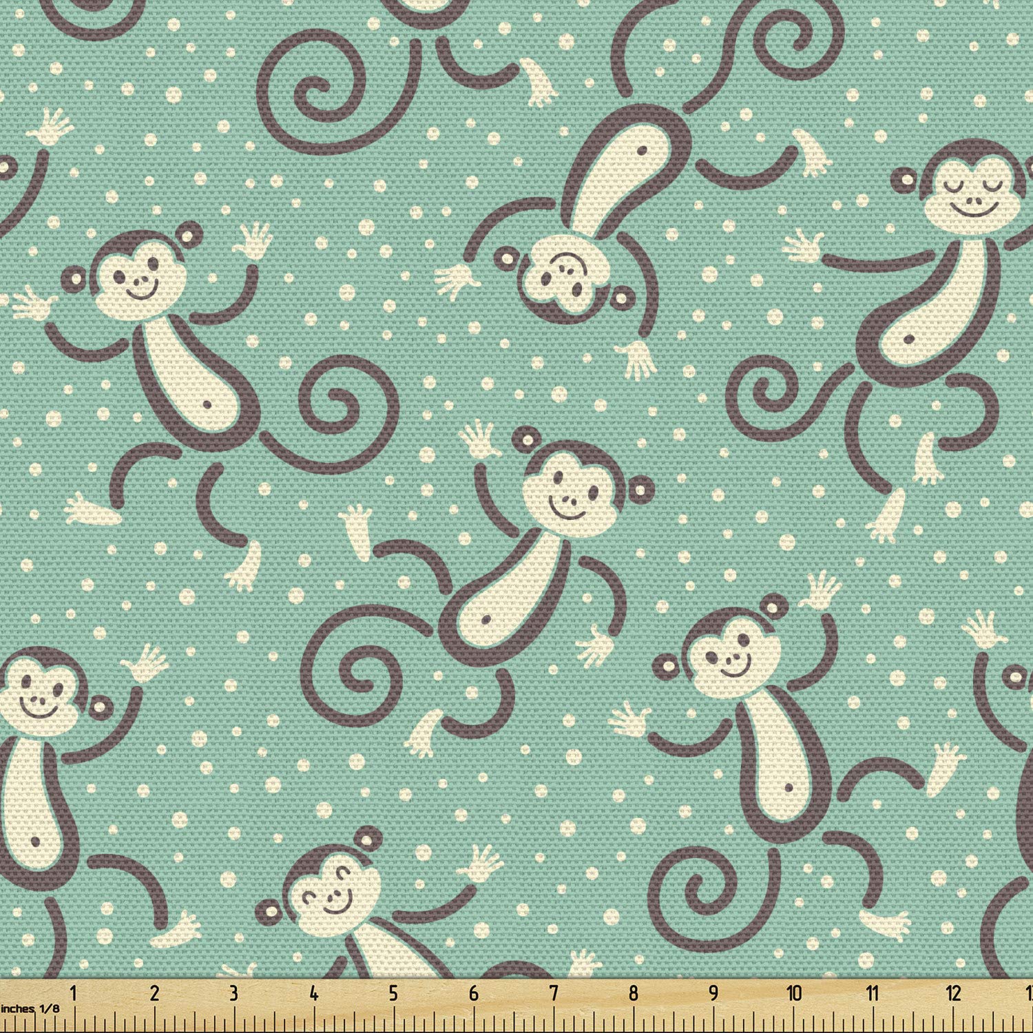 Ambesonne Monkeys Fabric by The Yard, Funny Creatures with Curling Tails on a Background of Polka Dots, Decorative Fabric for Upholstery and Home Accents, 1 Yard, Seafoam