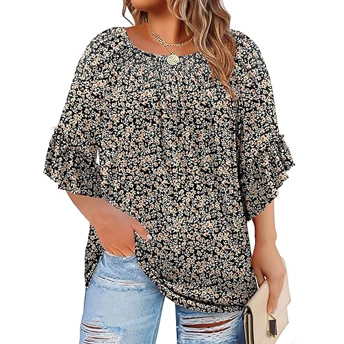 Plus Size Tops for Women 3/4 Length Sleeve Blouses Dressy Casual Tshirts Shirts Fahion Summer Outfits