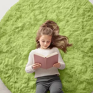 OLANLY Grass Green Round Rugs for Bedroom - Machine Washable, 5 ft Circle Area Rugs for Living Room, Soft and Fluffy Shaggy Carpet for Teen Girls and Boys, Nursery Rooms, Dorms, Home Decor Aesthetic