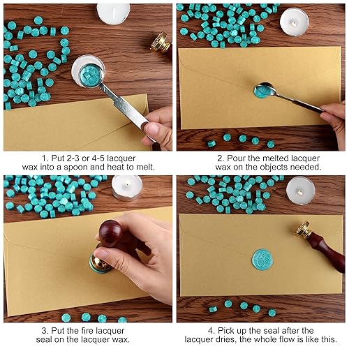 Miniatura 3 de FEPITO 300 piezas de perlas de cera octágono con 3 velas de té y 1 cuchara de fusión de cera para sellar sellos de cera (verde malaquita)