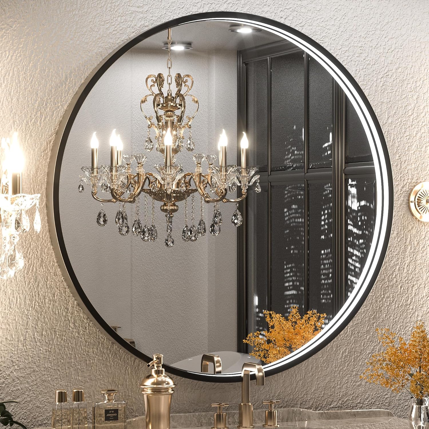 Keonjinn Espejo LED redondo negro para baño con luces 3000 K4500 K6000 K, espejo de tocador con marco de metal montado en la pared, espejo de