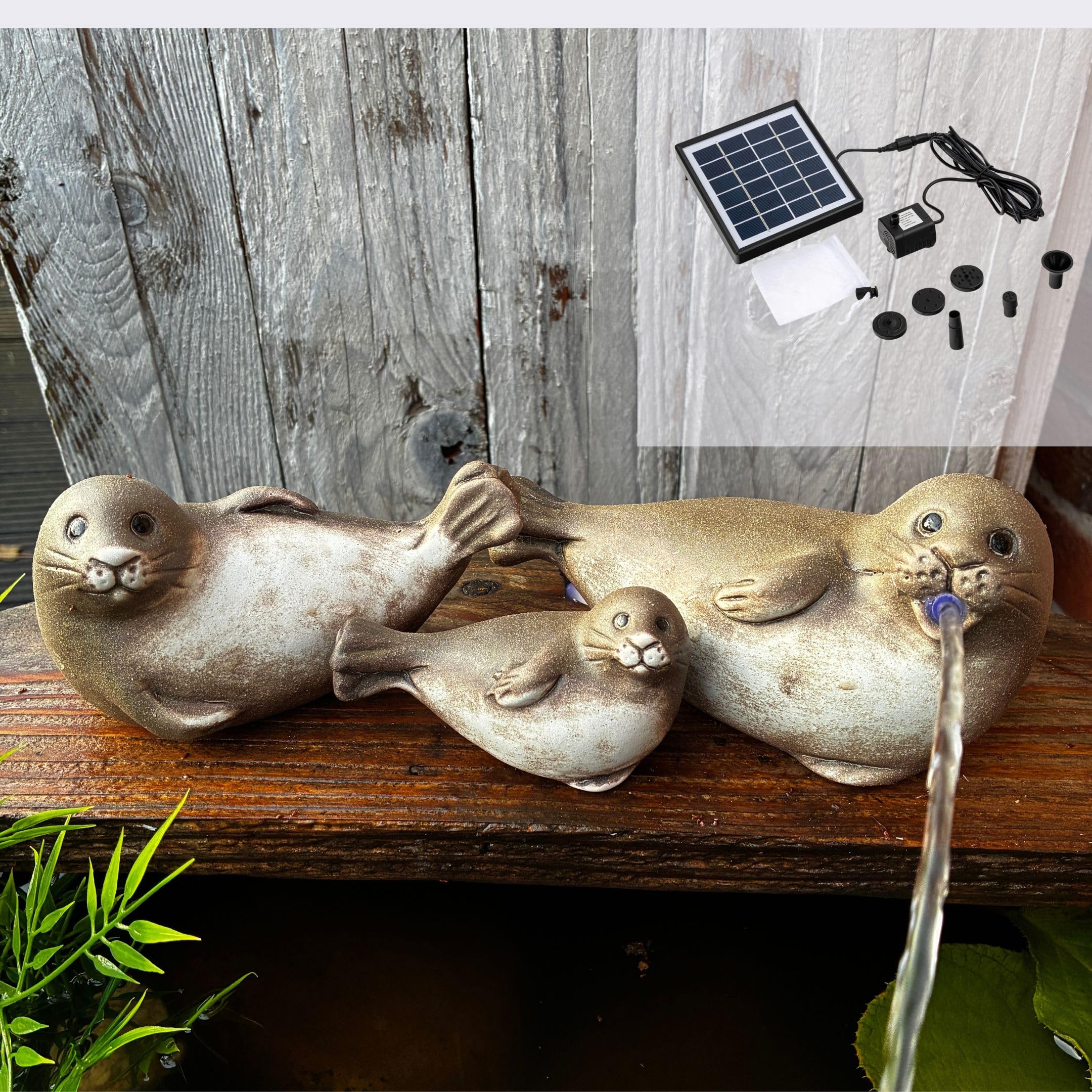 Storm's Gartenzaubereien Solar Wasserspeier Robben Set aus Keramik - 3er Set Robbenfamilie inkl. Solarpumpe - Maritime Dekofiguren für Garten/Balkon - Stromloser Teichbrunnen mit 3m Kabel