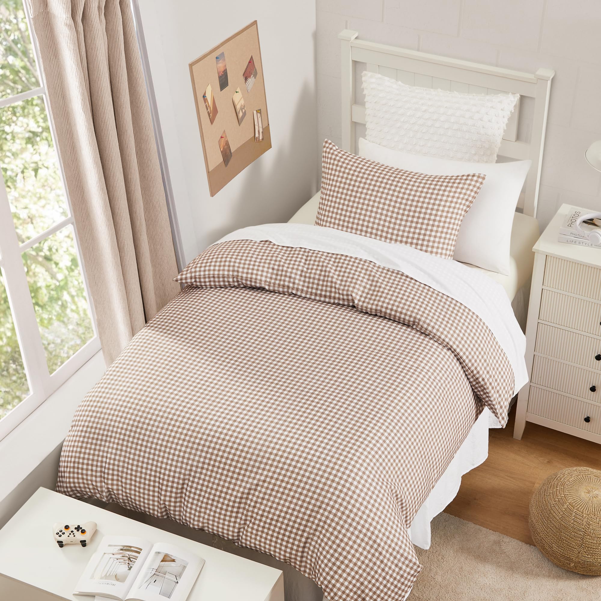 Andency Tan Gingham Duvet Cover Twin, Brown Checkered Plaid Bedding Set