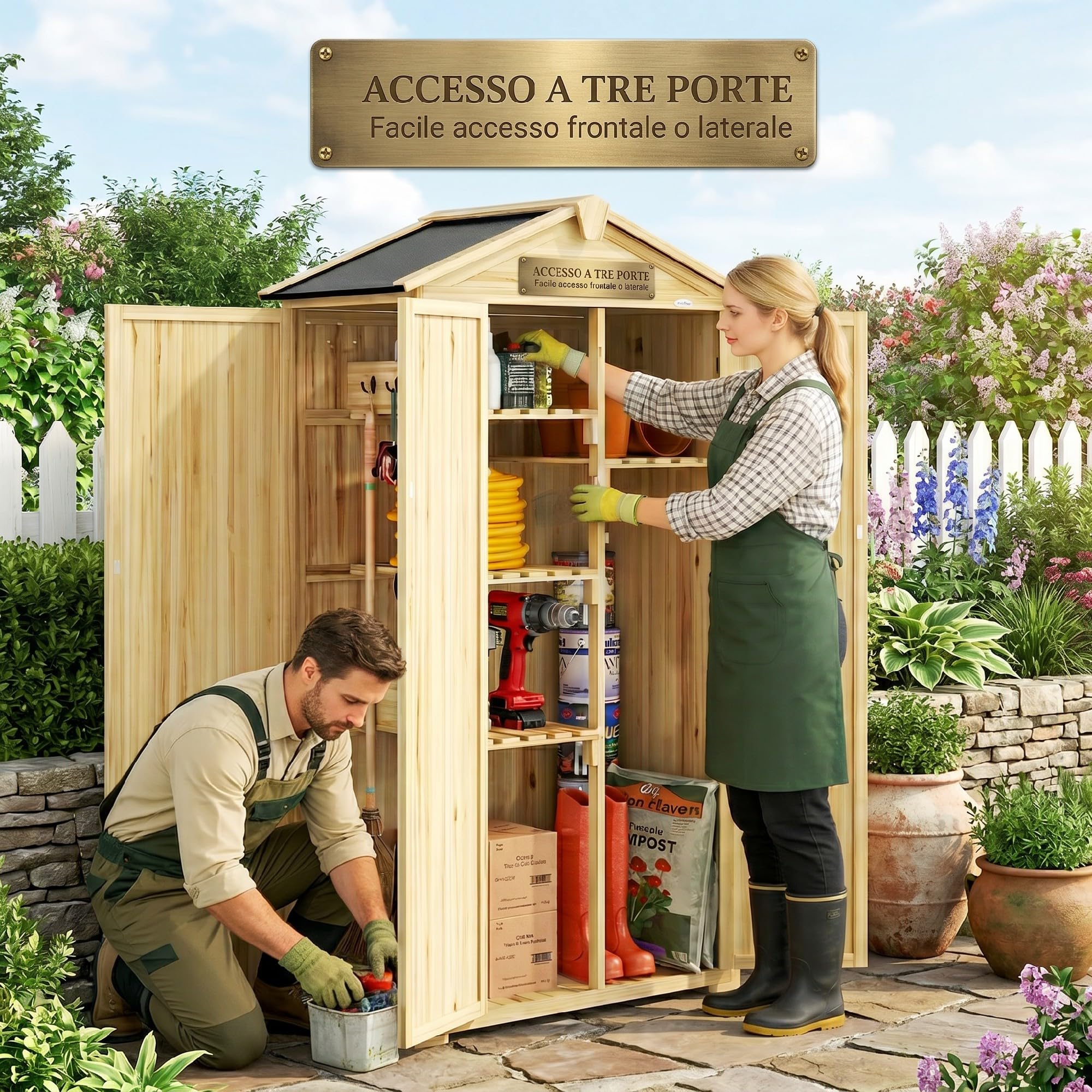 Outsunny Armadio da Giardino in Legno con 3 Porte e 4 Ripiani, Casetta Porta Attrezzi da Esterno, 93x53x168 cm
