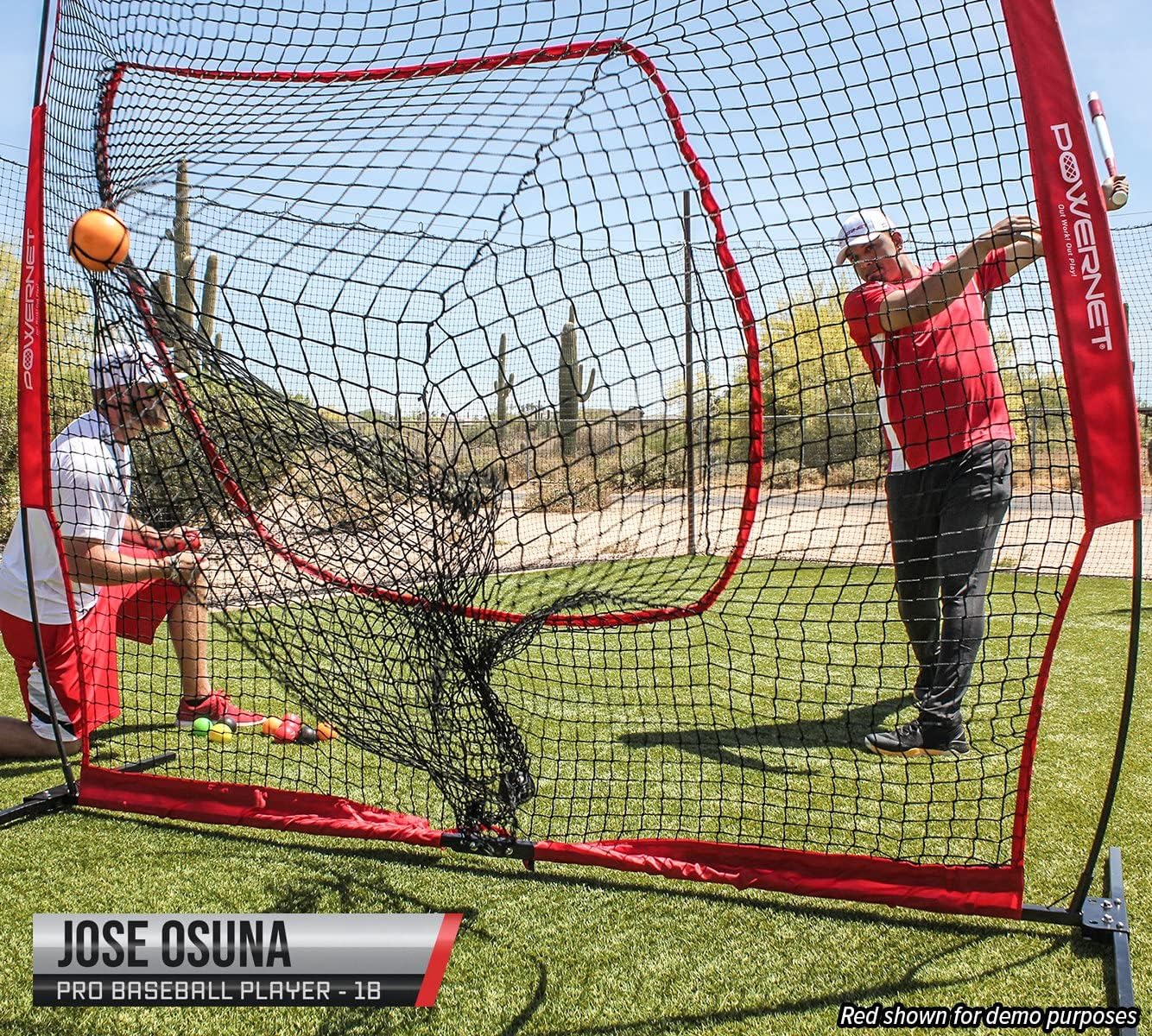 PowerNet 8x8 XLP PRO Net with One Piece Frame | Huge Baseball Softball Hitting Pitching Net | Hitting Pitching Batting Fielding Portable Backstop | Weighted Base | Bow Style (Pink)