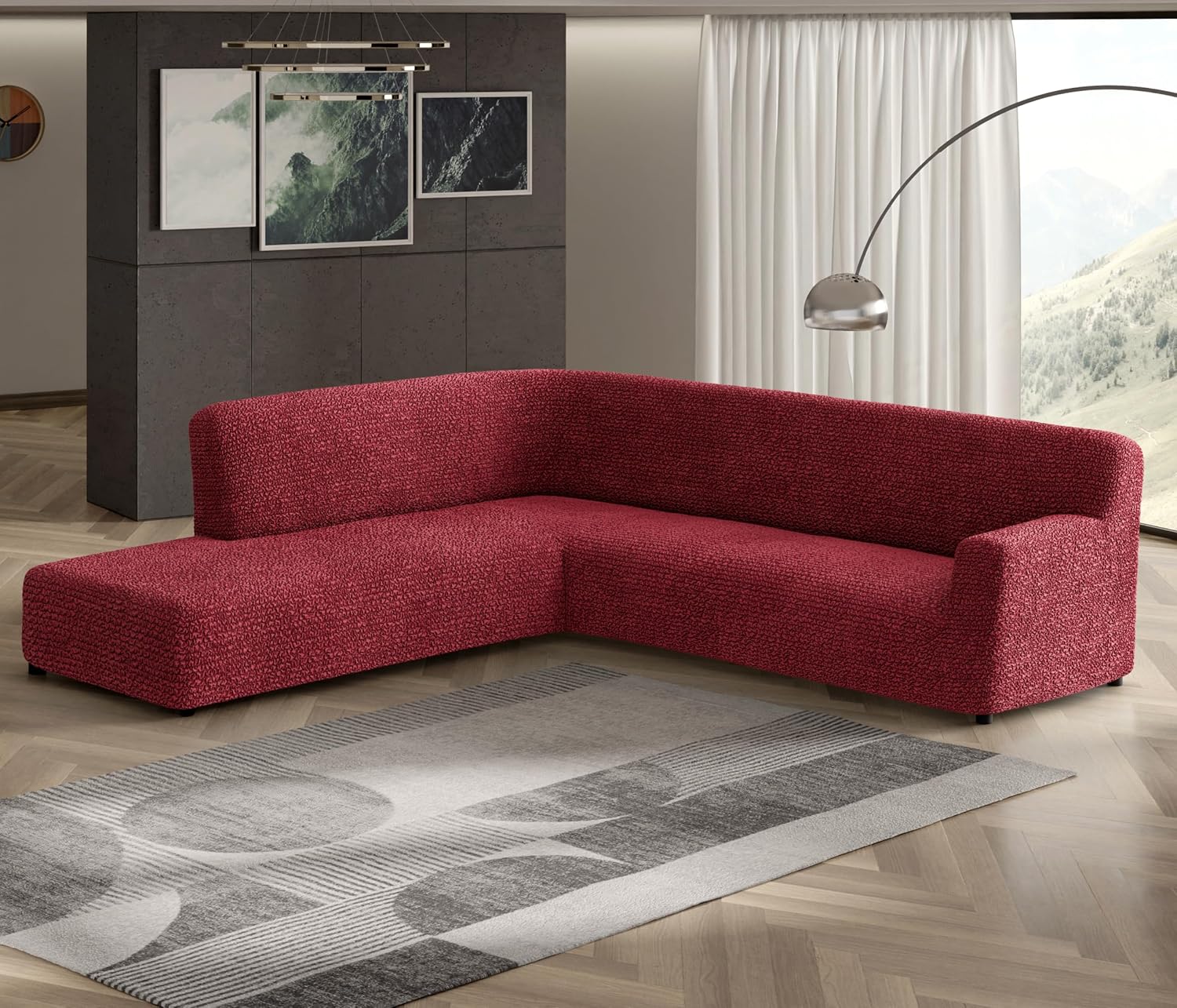 PAULATO BY GA.I.CO. Stretch Sectional Sofa Slipcovers 1-Piece Non-Slip – Elastic L Shape Couch Cover – Soft Furniture Protector Washable – Burgundy (Left-Facing Bumper 120"-195" Wide)