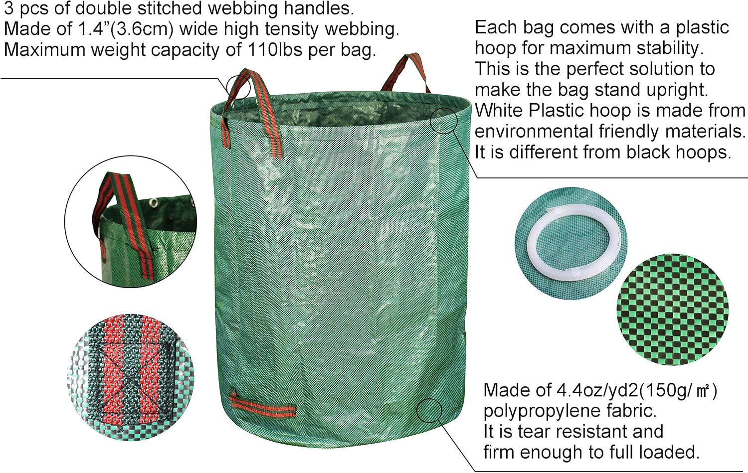 Gardzen 3-Pack 80 Gallon Garden Bag - Reuseable Heavy Duty Gardening Bags, Lawn Pool Garden Leaf Waste Bag