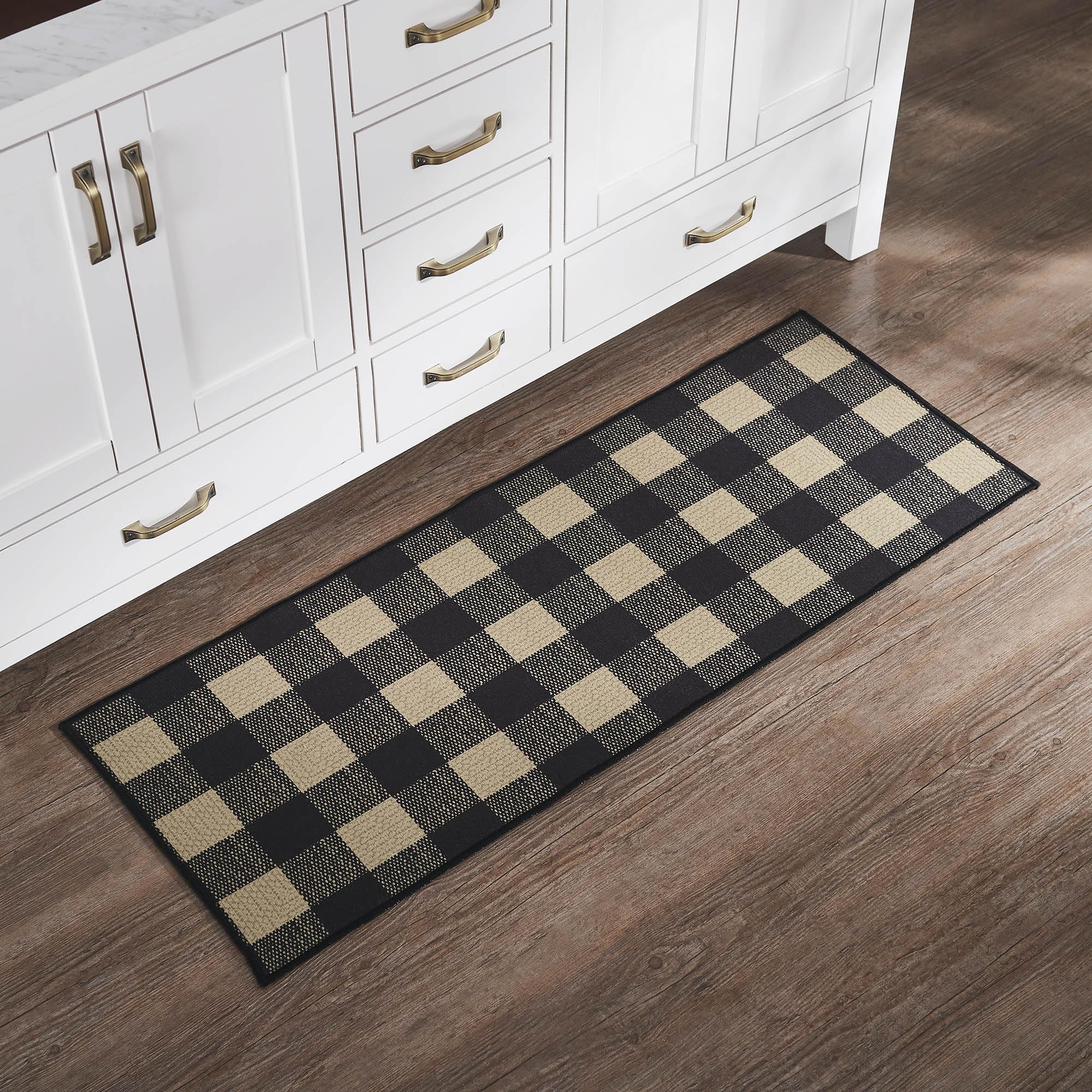 VHC Brands Black Check Indoor Rug Rect 17x48, Polyester Area Rug, Accent Rug, Floor Decor, Black Check Collection, Rectangle 17x48, Country Black