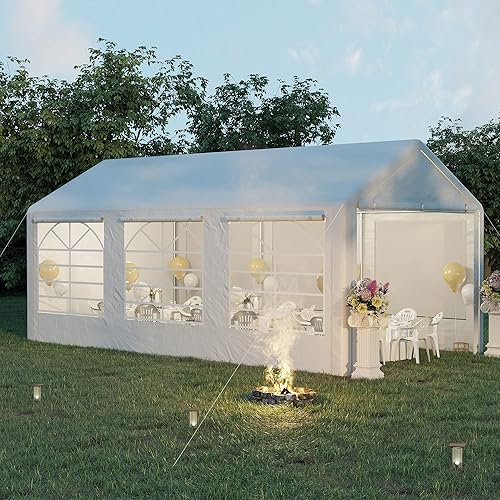 Outsunny 10 x 20 ft Heavy Duty Party Tent Outdoor Gazebo Wedding Tent Event Shelter Carport BBQ with Removable Sidewalls & Windows, Outside Waterproof Canopy for Parties, White