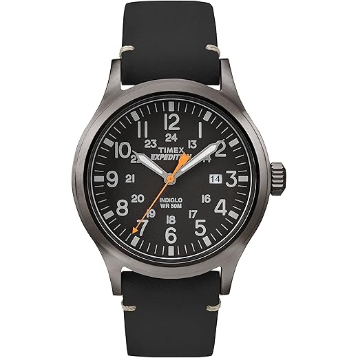 Timex Relógio masculino Expedition Scout de 40 mm – caixa preta e mostrador com pulseira deslizante de couro oliva