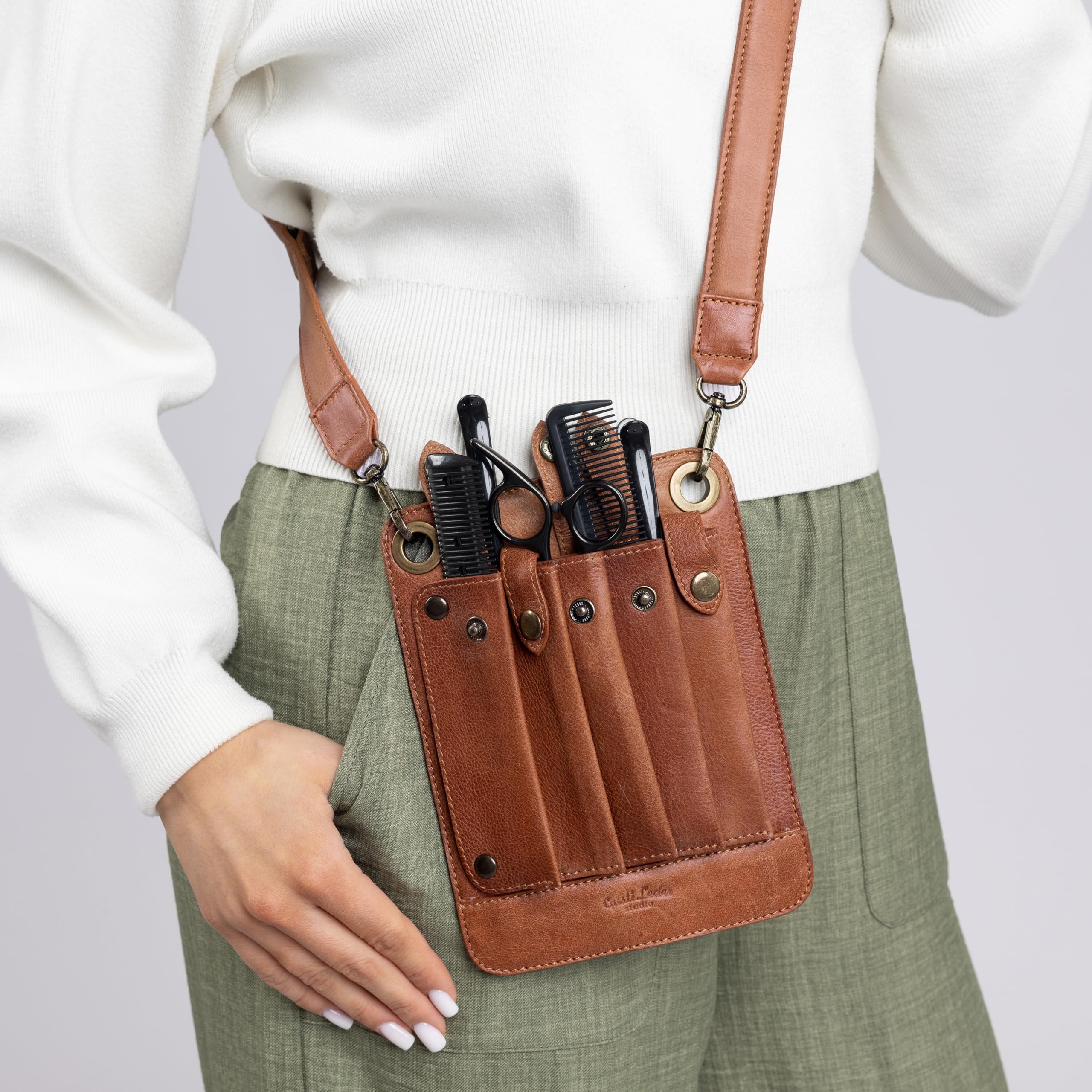 Gusti Pino - Bolso bandolera de piel para peluquería y herramientas, color marrón