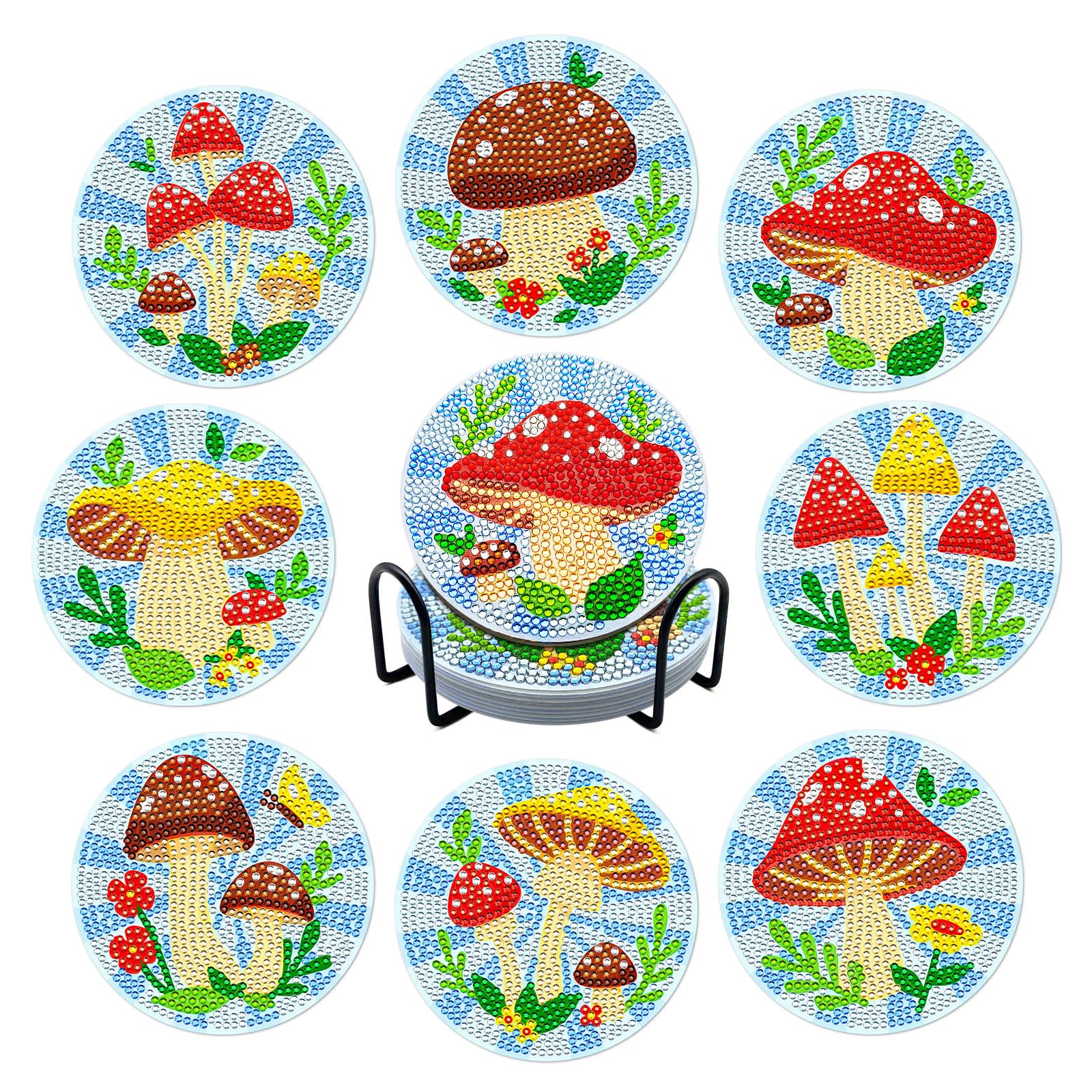ZTOTZ Diamond Art Coasters Kit with Holders, Mushroom Diamond Painting Coaster Kit for Drinks,DIY 5D Diamonds Dot Coasters Art Supplies for Gift Table Decor(Mushroom,Flowers)