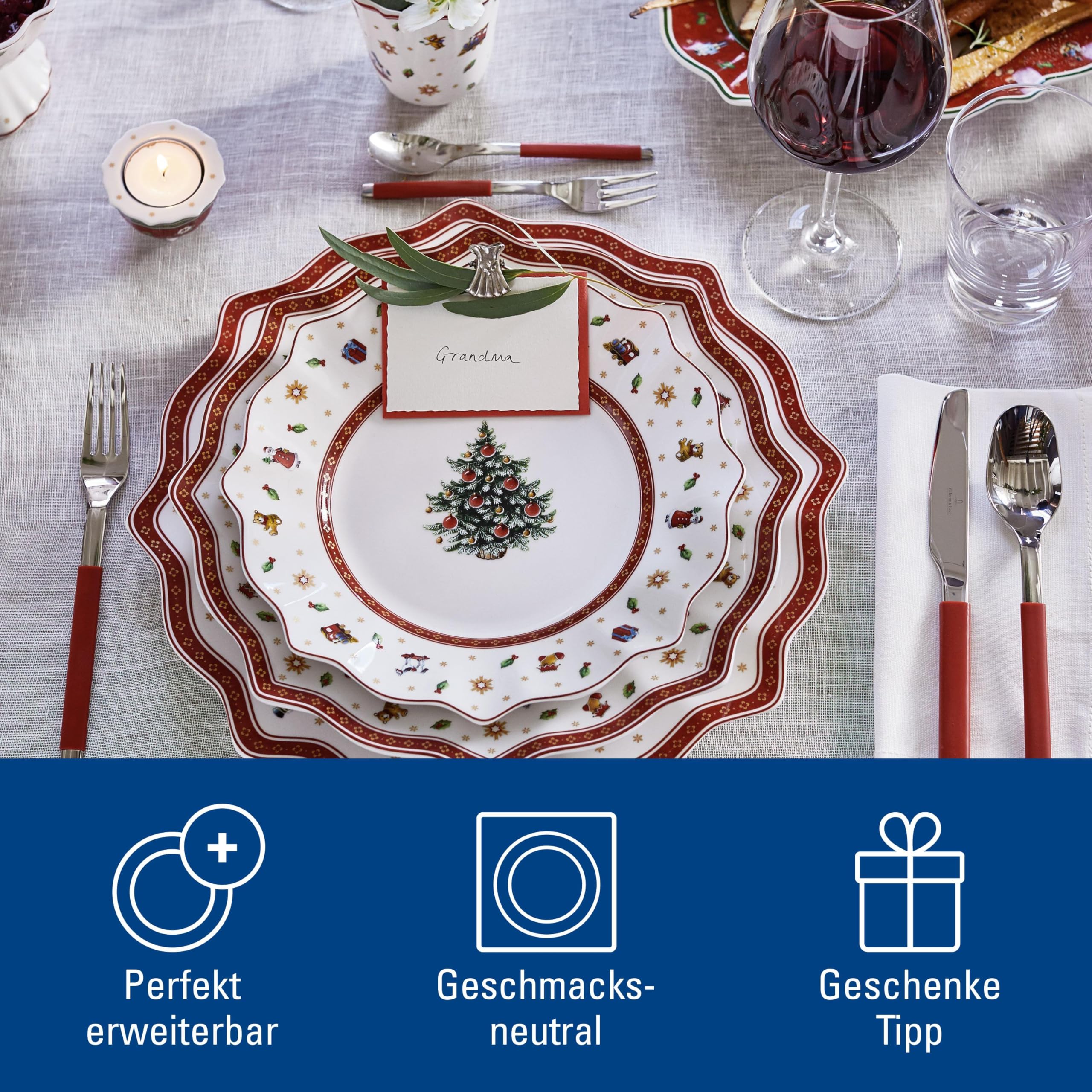 Villeroy & Boch - Toy's Delight Platzteller 34,5 cm Rot und Weiß, Mikrowellensicher, Weihnachtsgeschirr, Esseller, Servierteller, Pizzateller, Servierplatte Xmas, Weihnachten, Premium Porzellan