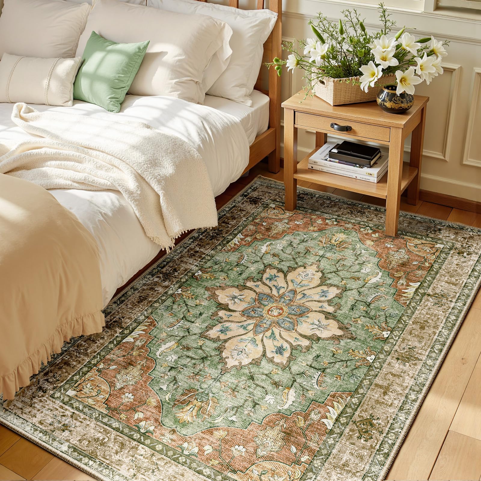 RELEANY Area Rugs 3'x5' Washable Non-Slip, Floral Vintage Distress Print Pattern Medallion Carpet for Living Room Bedroom Dining Room, Brick Red Rust