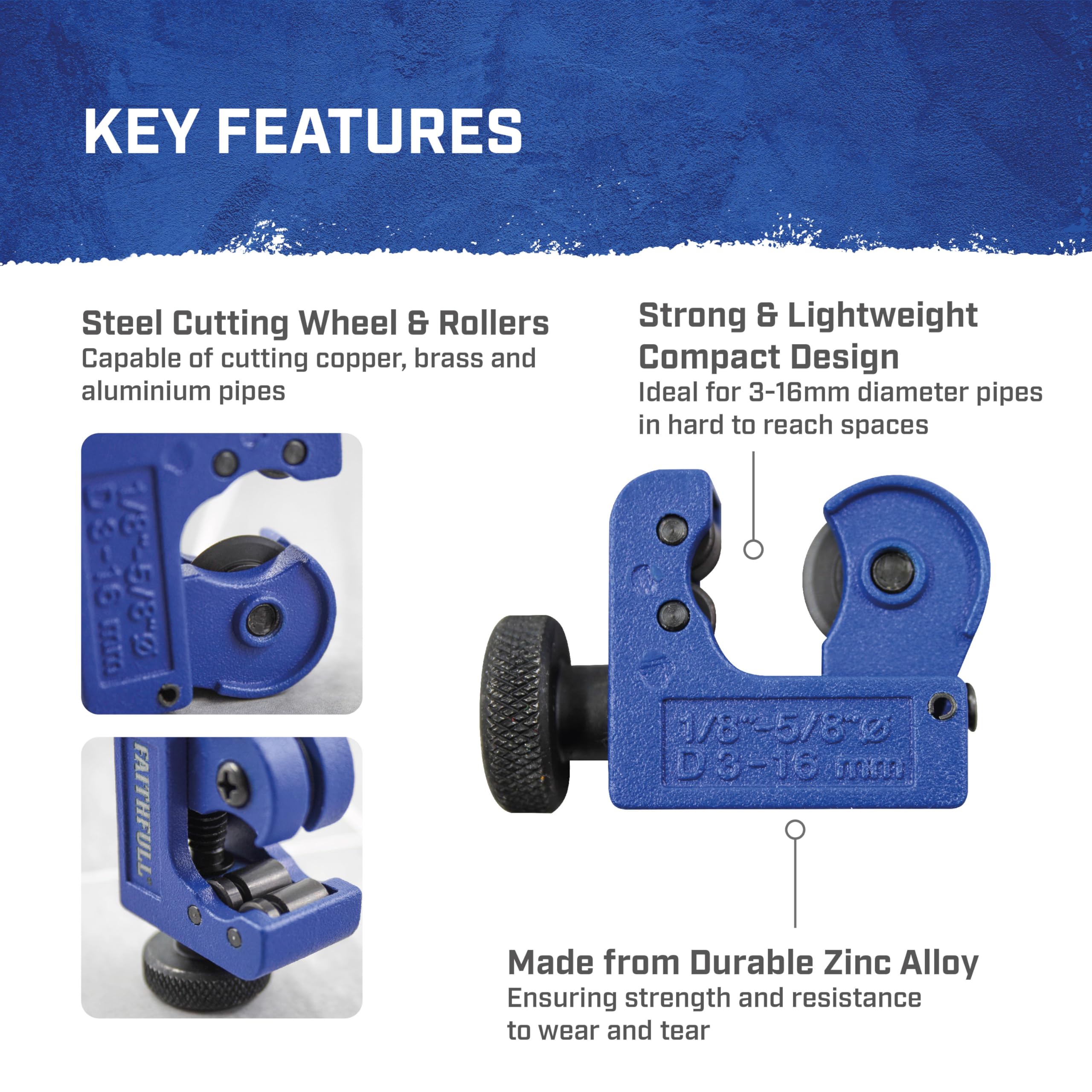 Faithfull Metal Pipe Cutter 3-16mm - Adjustable Pipe Cutting Tool with Sharp Wheel for Copper Brass, Aluminium & Thin Steel Tubing - Image 4