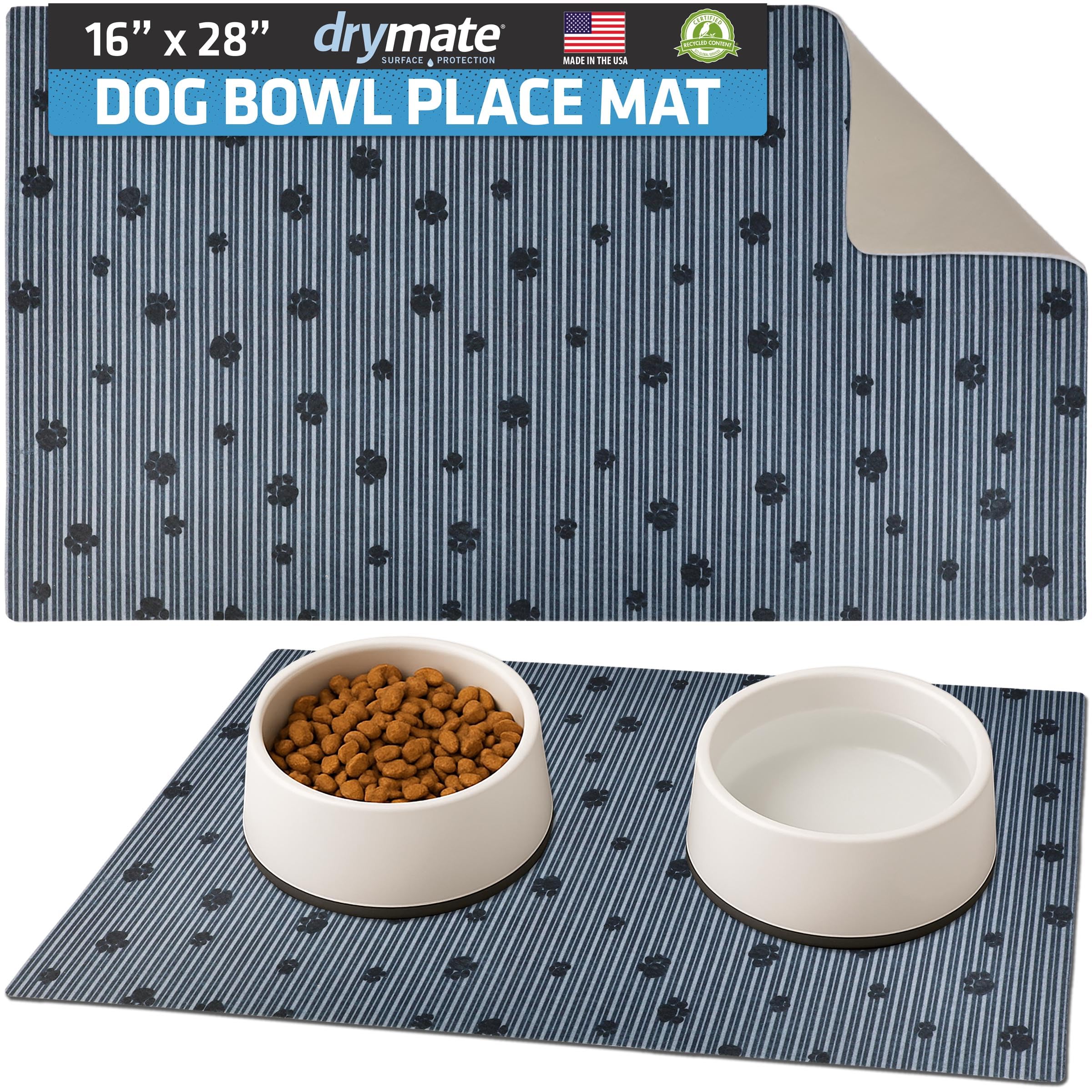 Drymate Pet Bowl Placemat, Dog & Cat Food Feeding Mat - Absorbent Fabric, Waterproof Backing, Slip-Resistant - Machine Washable/Durable (USA Made) (16