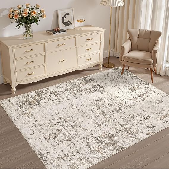 4x6 Area Rug Living Room Rugs - Washable Neutral Modern Abstract Soft Thin Rug Indoor Floor No Slip Rug Carpet for Bedroom Under Dining Table Home Office Decor - Dark Brown
