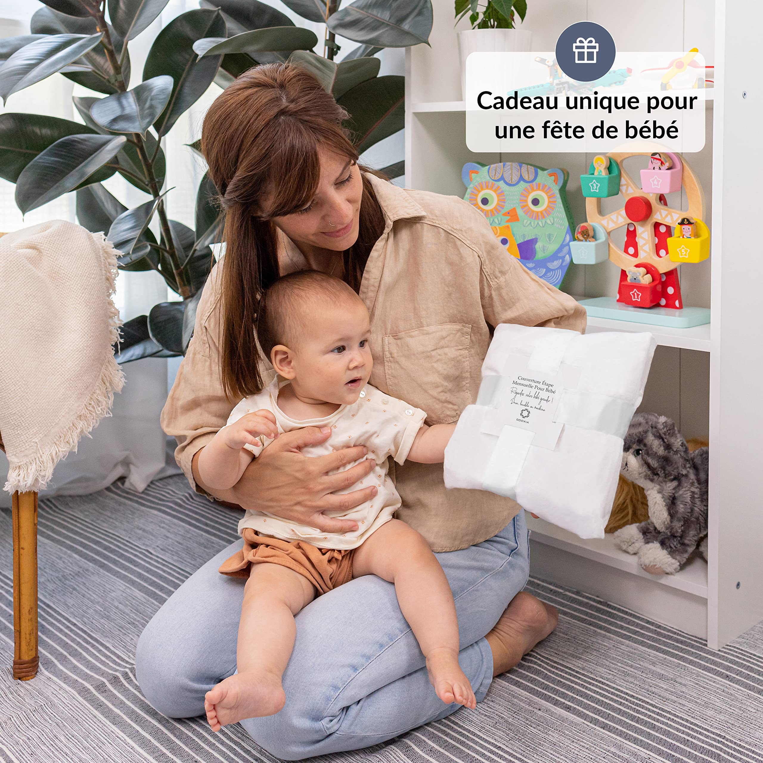 ODOXIA Couverture Etape Bébé en Français | Tapis Photo Rond Mois Garçon, Fille, Unisexe | Neutre | Cadeau Baby-Shower Personnalisé Jeunes Mamans | Tapis Photo Bebe | Cadre Bois Fourni