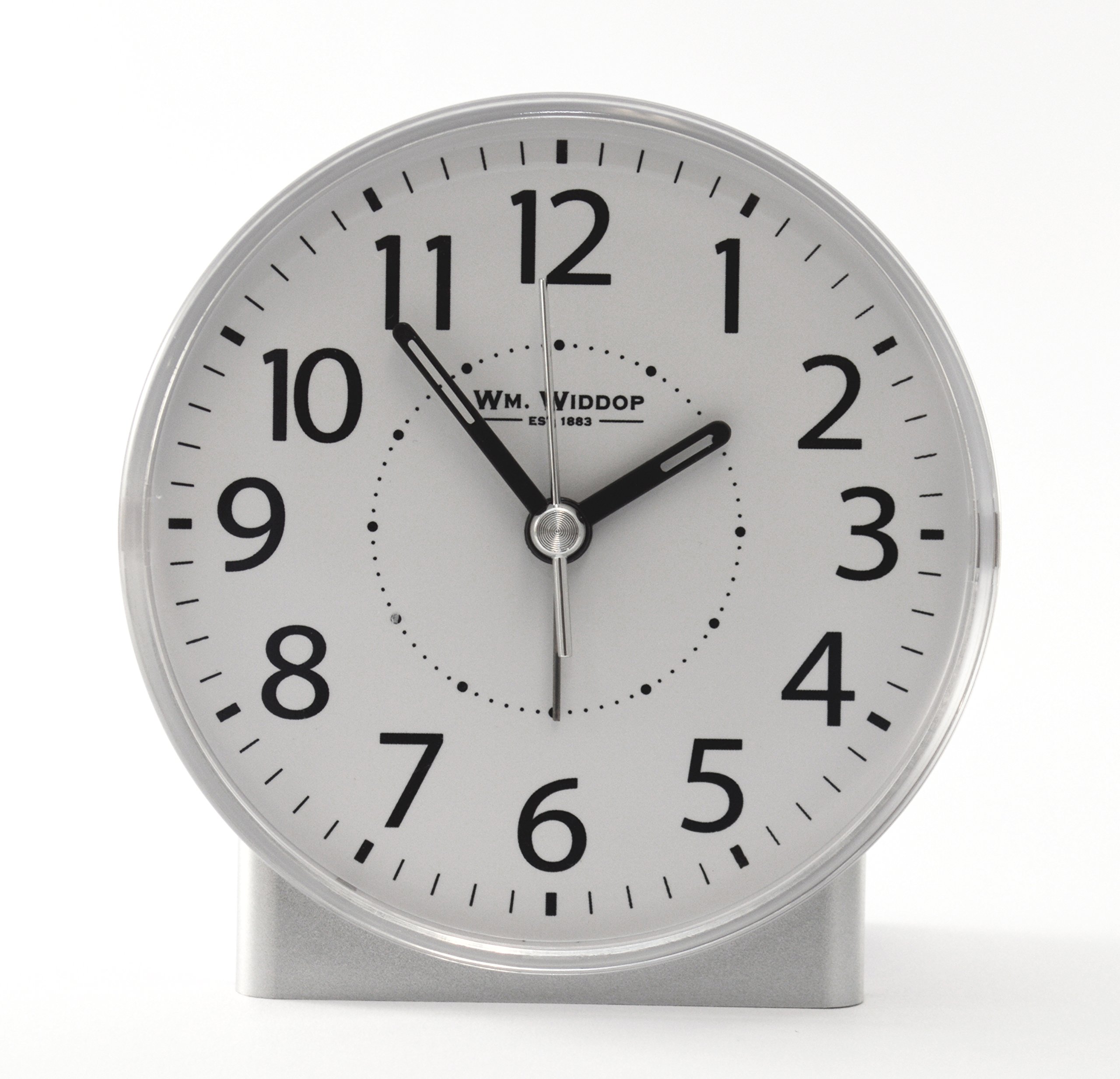 White Alarm Clock with Silent Sweep No Ticking Feature Plus drzemka, Auto Shut off & Light by Widdop Bingham