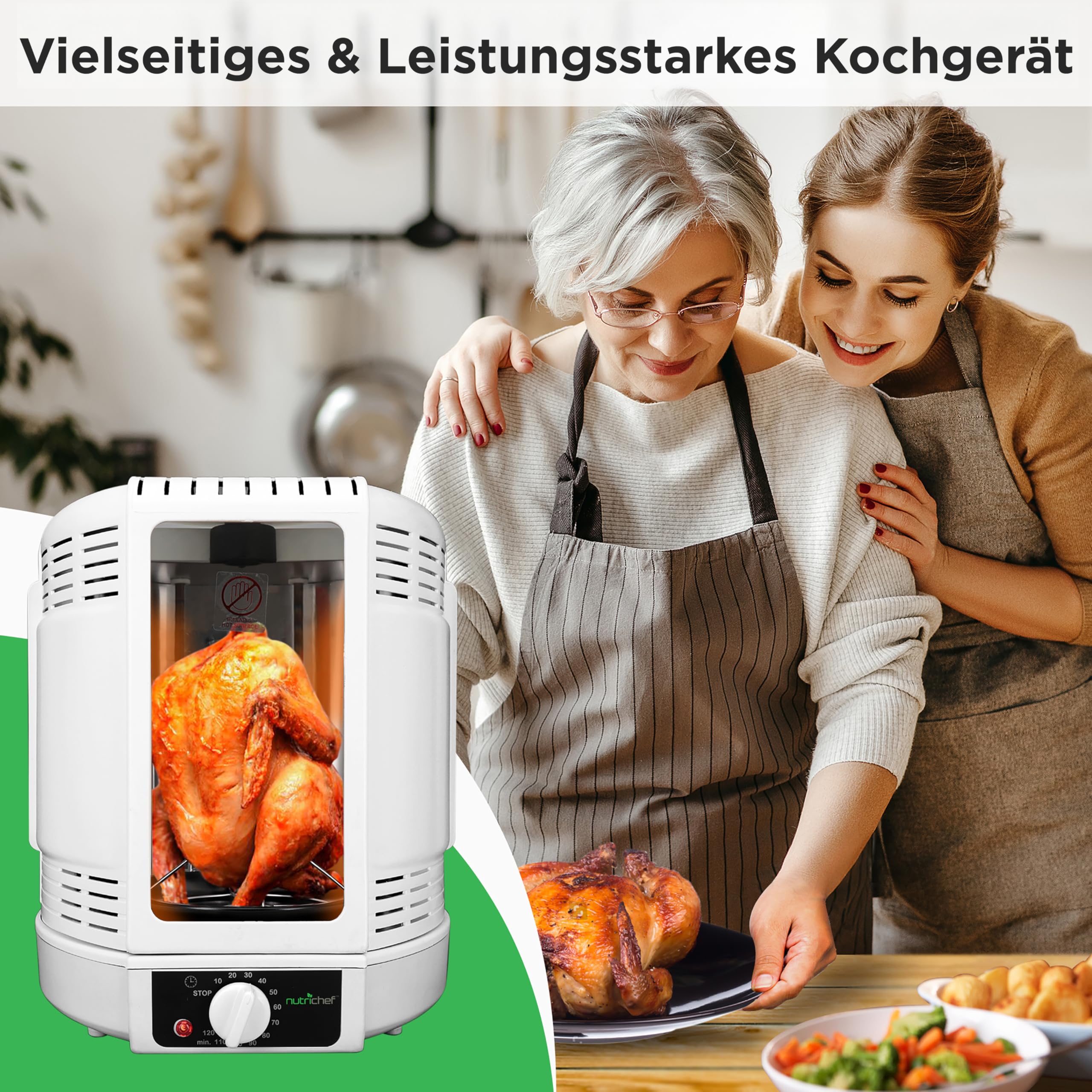 NutriChef Hähnchengrill mit Drehspieß – Weiß 700W Mini-Backofen Vertikal Elektrogrill Heißluft-Rotisserie für Hähnchen, Döner, Fleisch - Kompakt & Fettarm Inkl. Zubehör und Auffangschale