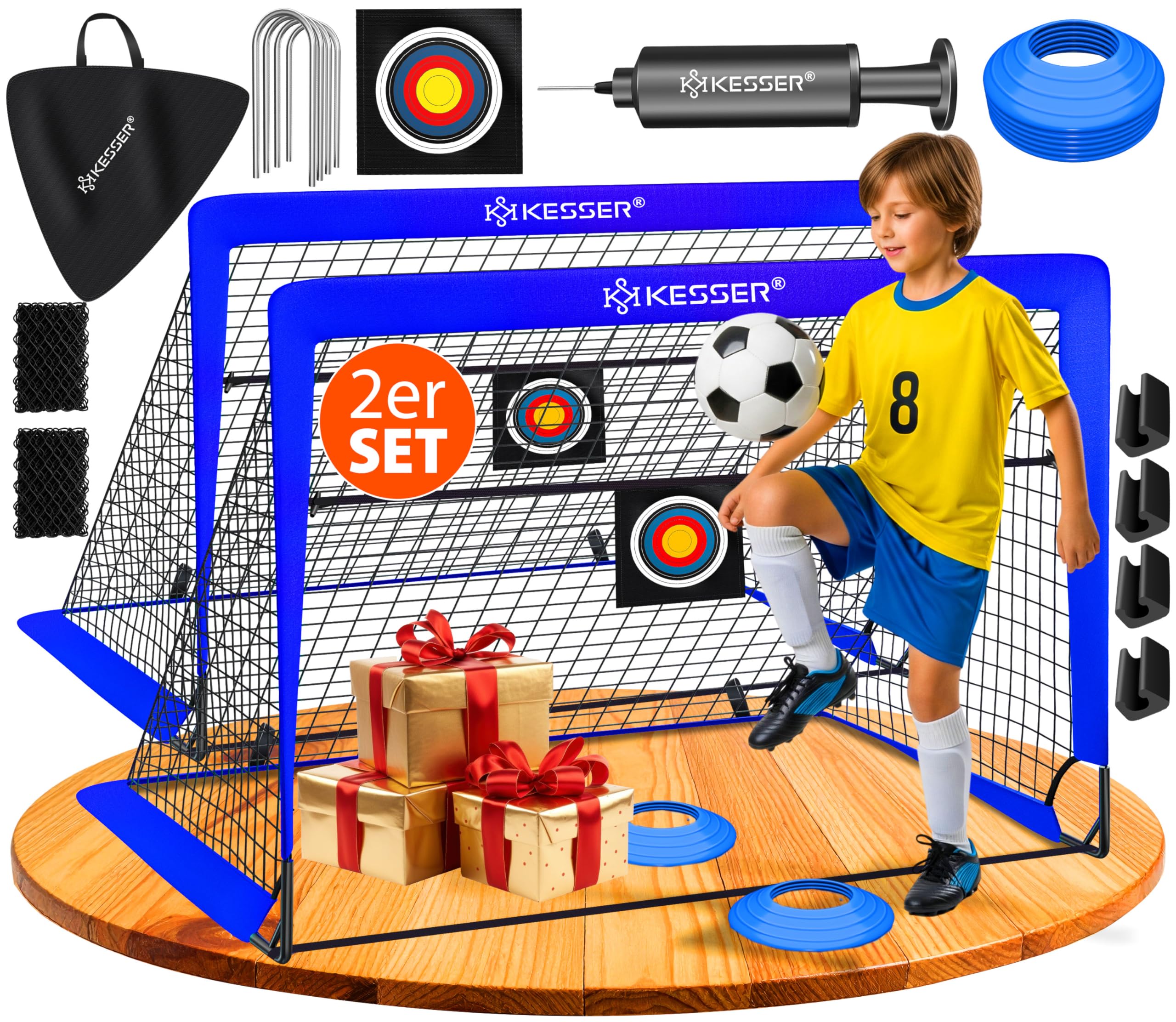 KESSER® Fussballtor 2er Set | Tolles Fußball Geschenk für Kinder, Indoor und Outdoor Garten : Antirutsch - Inkl. Fussball Trainingszubehör: Hütchen, Zielscheibe, Sporttasche, Ballpumpe, Blau