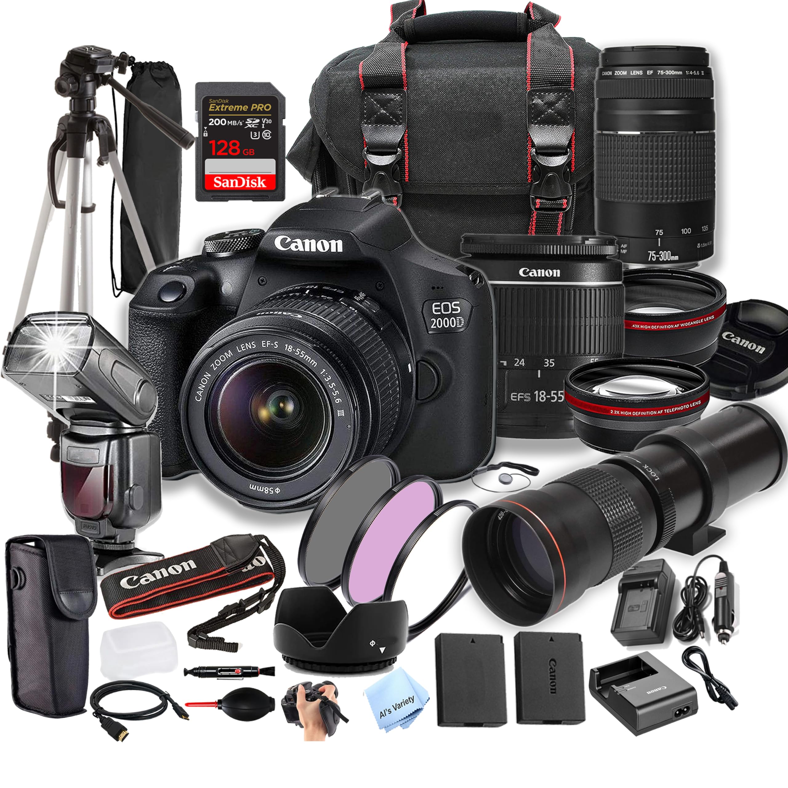 Canon EOS 2000D (Rebel T7) w/ 18-55mm & 75-300mm + 420-800mm Super Telephoto Lens + 128GB Extreme Speed Card, Case, Tripod,TTL Speedlite, Spare Battery, Filters, More (Extreme Pro-Bundle) (Renewed)