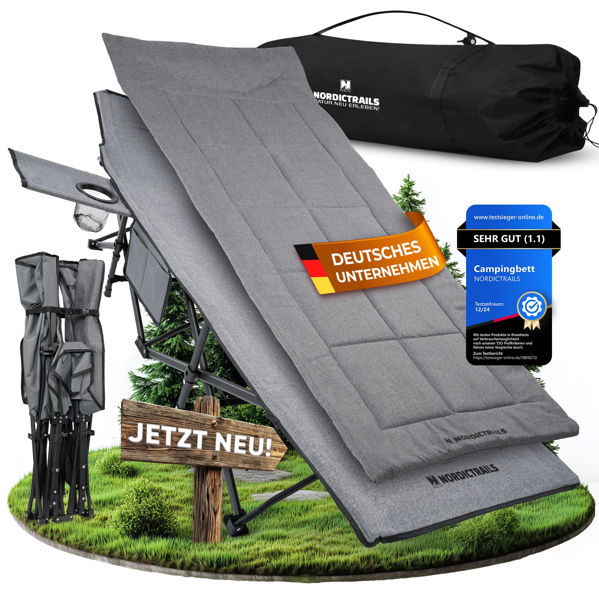 𝐍𝐎𝐑𝐃𝐈𝐂𝐓𝐑𝐀𝐈𝐋𝐒 Feldbett Campingbett klappbar XXL gemütliche Campingliege Faltbar & leicht für Outdoor Gästebett, Liege, Klappbett, Angelliege, Camping Karpfenliege mit superweicher Matratze